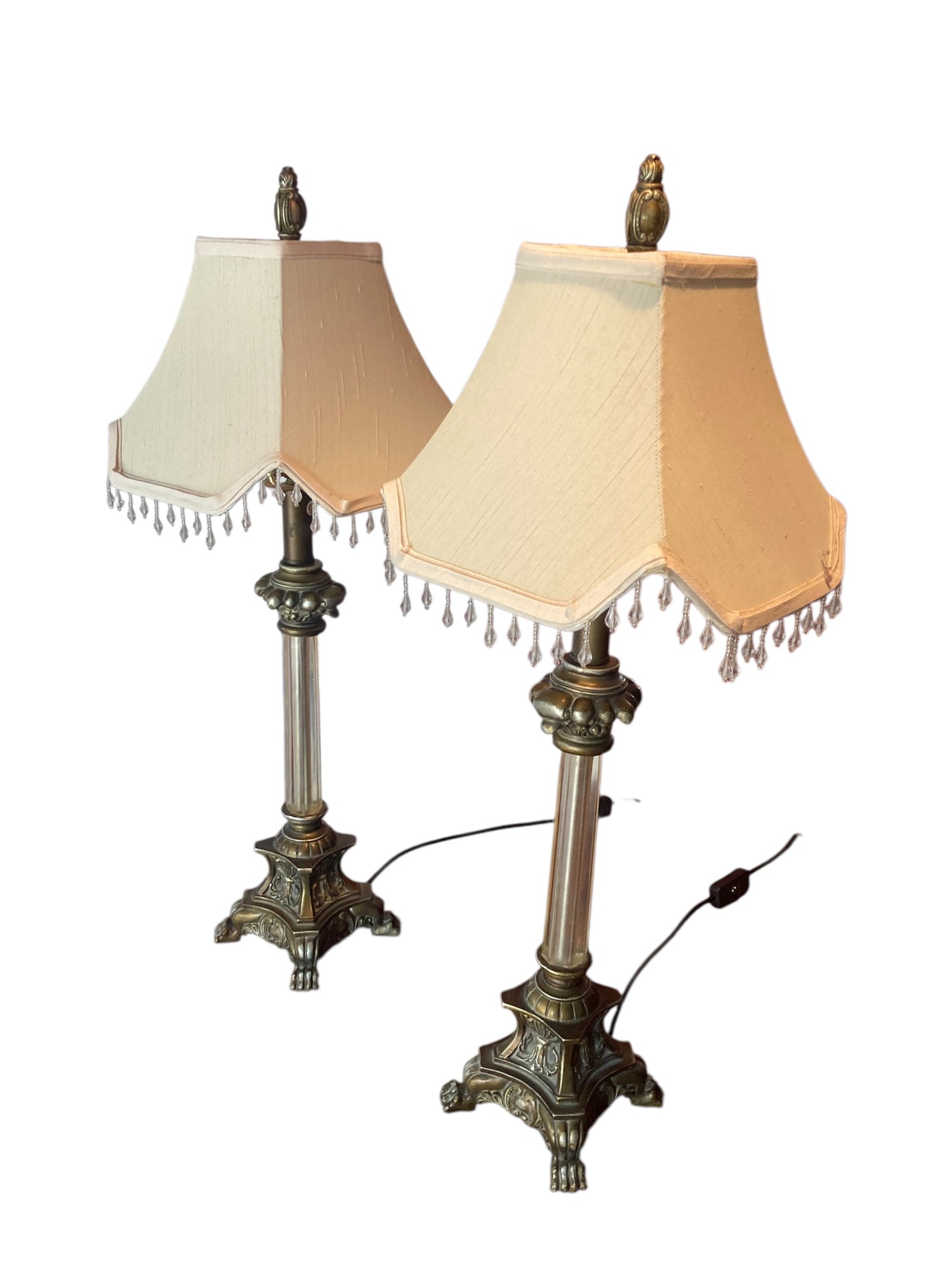 Pair of Regency Style table lamps neoclassical bases Paw Feet cream fabric shades with beaded fringe
