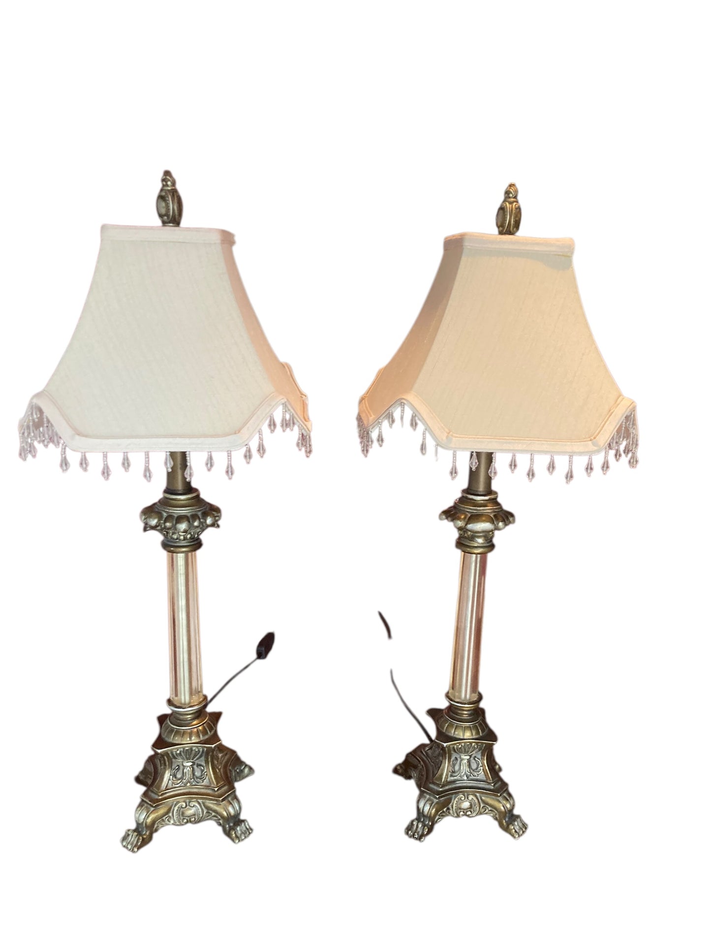 Pair of Regency Style table lamps neoclassical bases Paw Feet cream fabric shades with beaded fringe