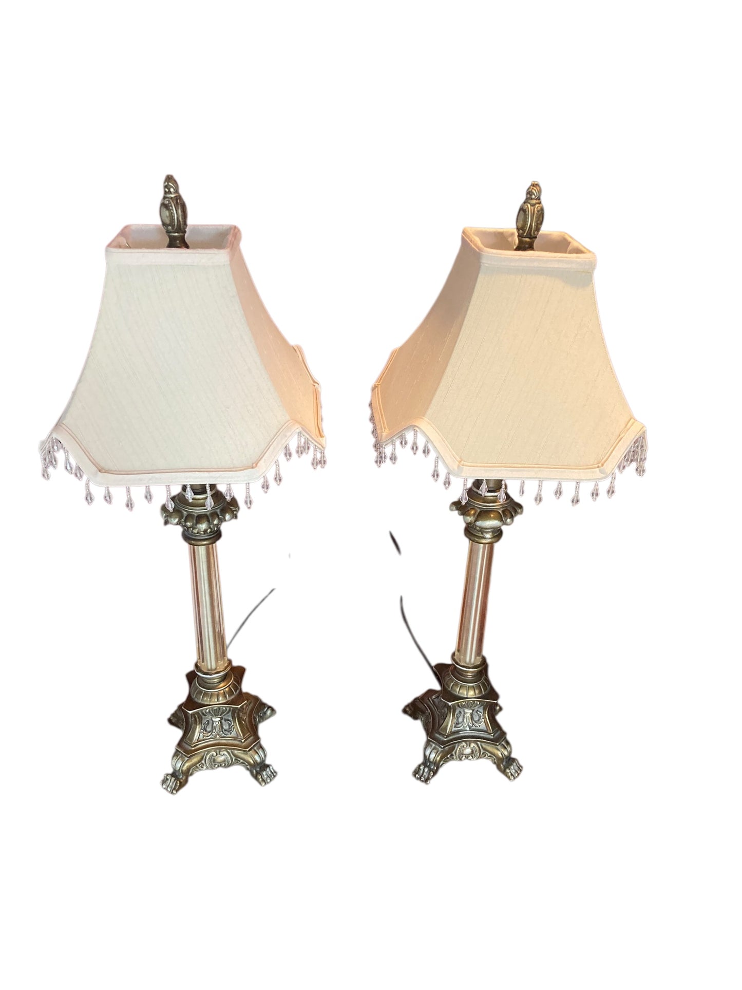 Pair of Regency Style table lamps neoclassical bases Paw Feet cream fabric shades with beaded fringe