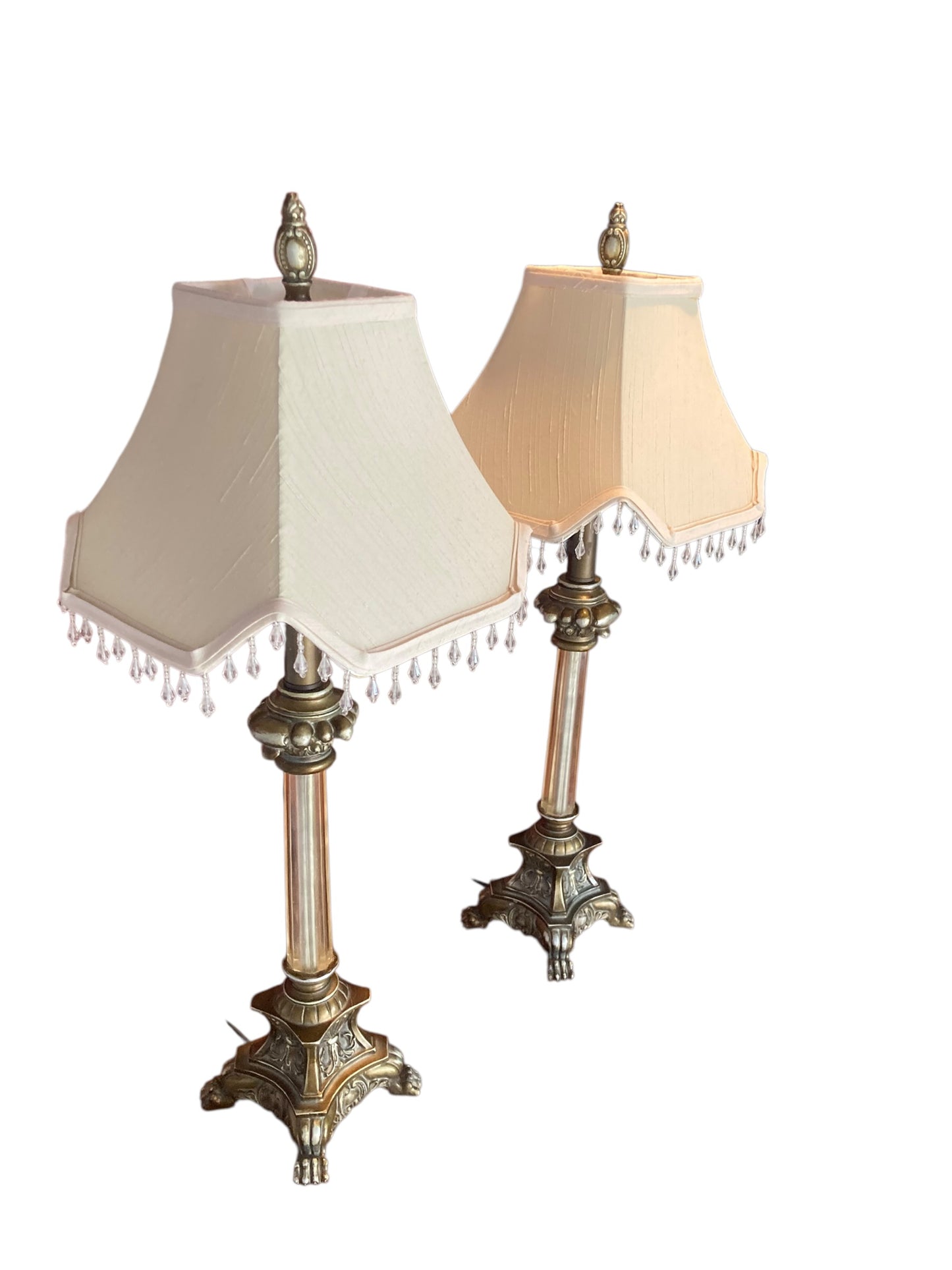 Pair of Regency Style table lamps neoclassical bases Paw Feet cream fabric shades with beaded fringe