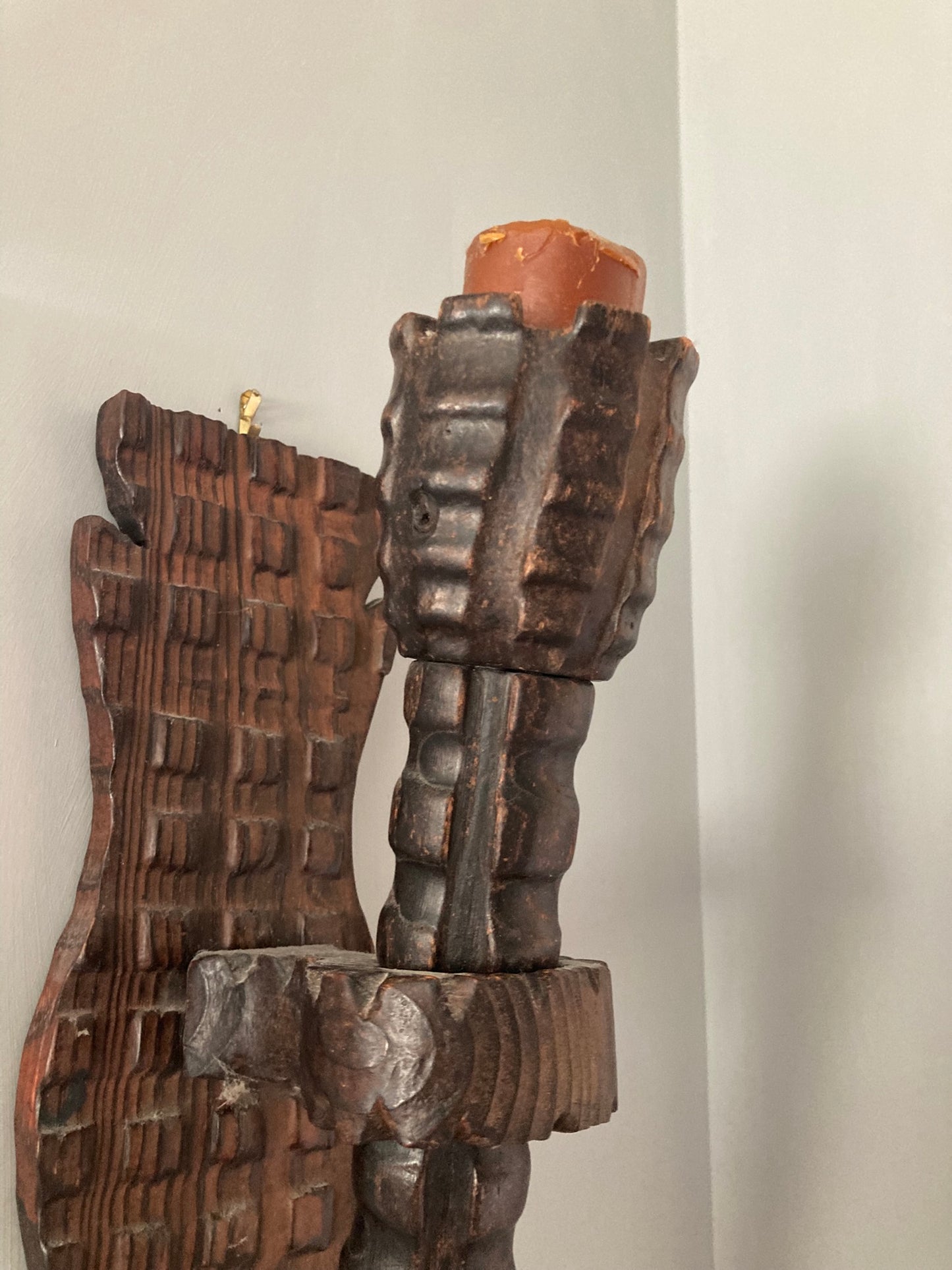 Neo Gothic Medieval Style Carved Wood Wall Candle Holder or Torchere