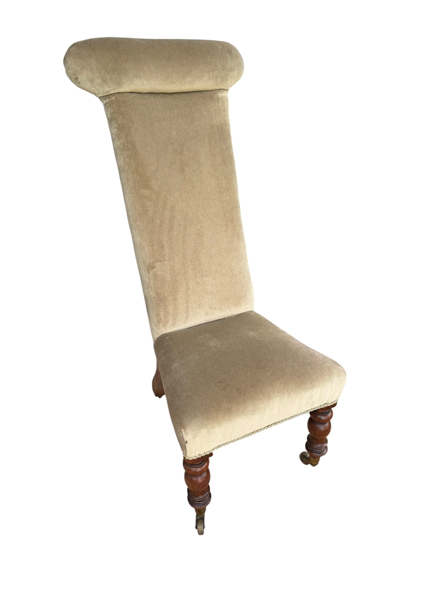 Victorian Green Velvet Prayer chair on original Casters