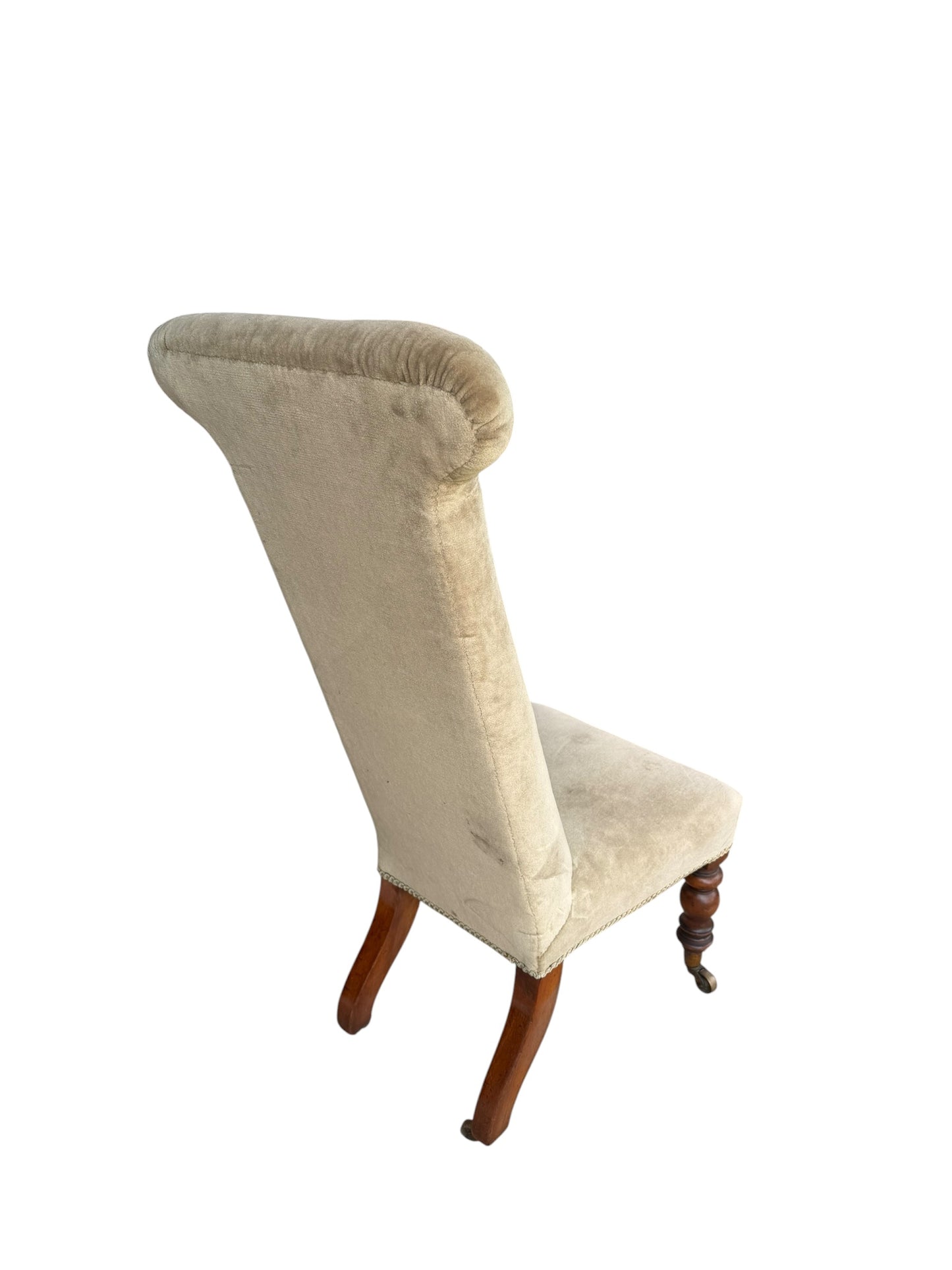 Victorian Green Velvet Prayer chair on original Casters