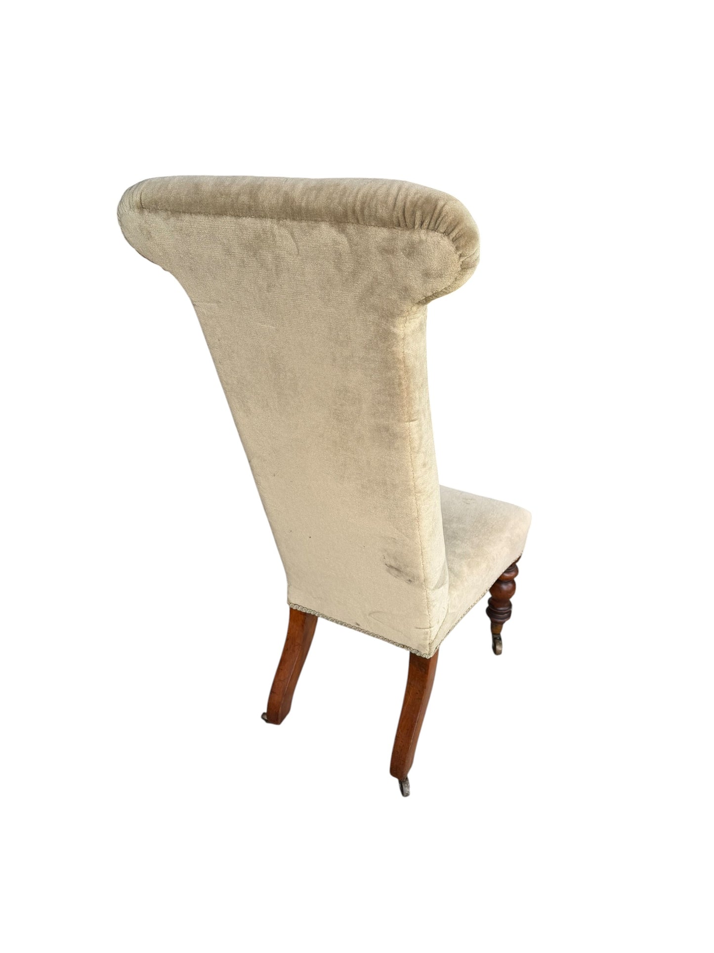 Victorian Green Velvet Prayer chair on original Casters