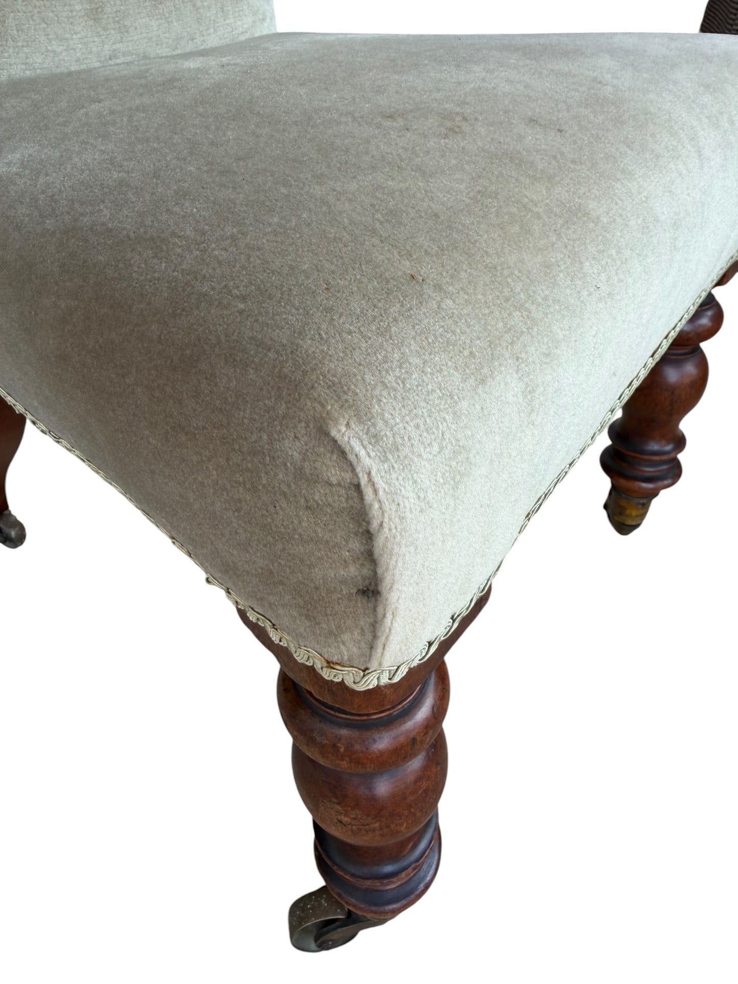 Victorian Green Velvet Prayer chair on original Casters