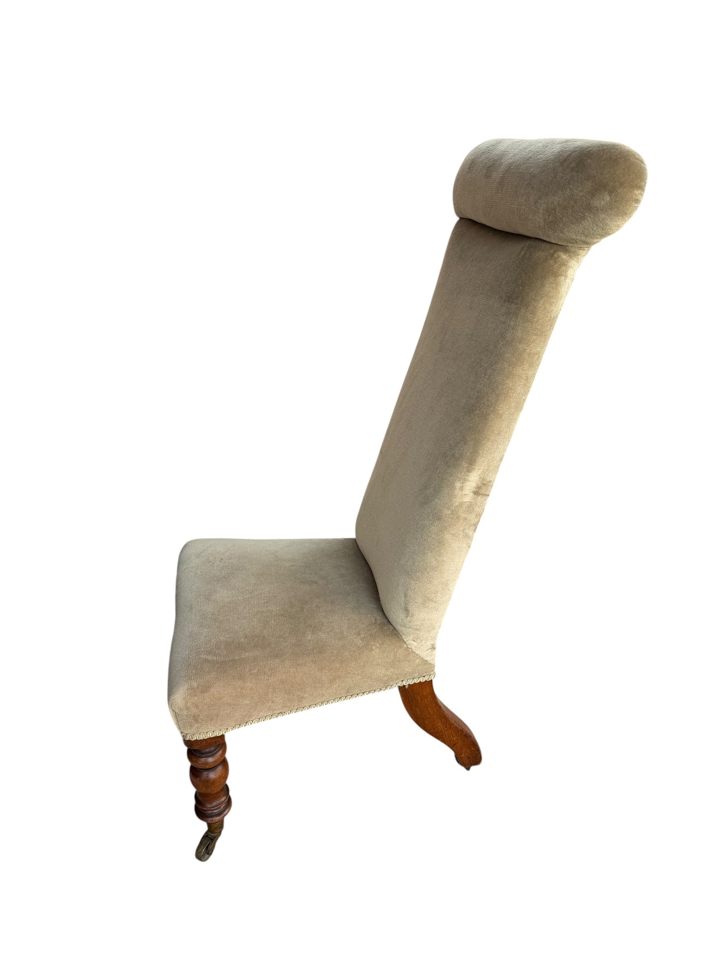 Victorian Green Velvet Prayer chair on original Casters