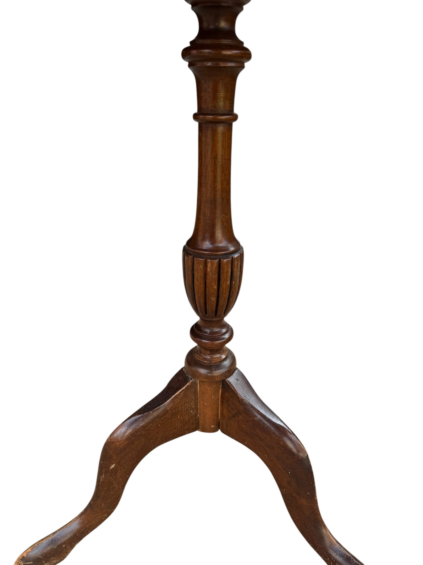 Antique-style tripod pedestal wine table featuring a circular top with a distinctive red leather inset.