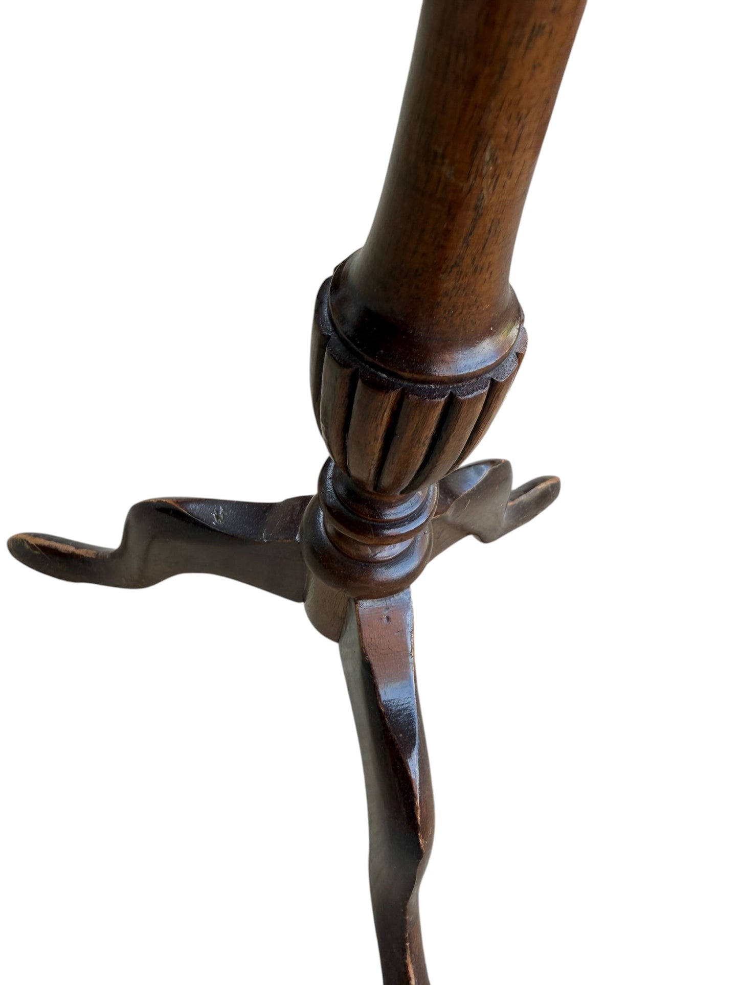 Antique-style tripod pedestal wine table featuring a circular top with a distinctive red leather inset.