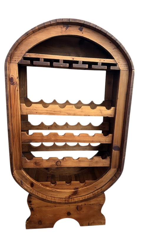 Freestanding, barrel-style wooden wine rack and glass holder