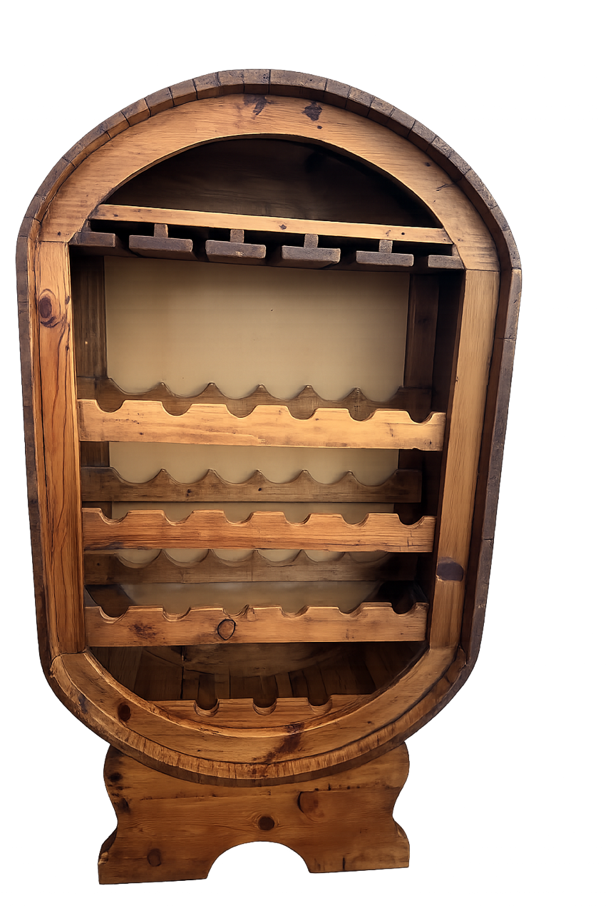 Freestanding, barrel-style wooden wine rack and glass holder