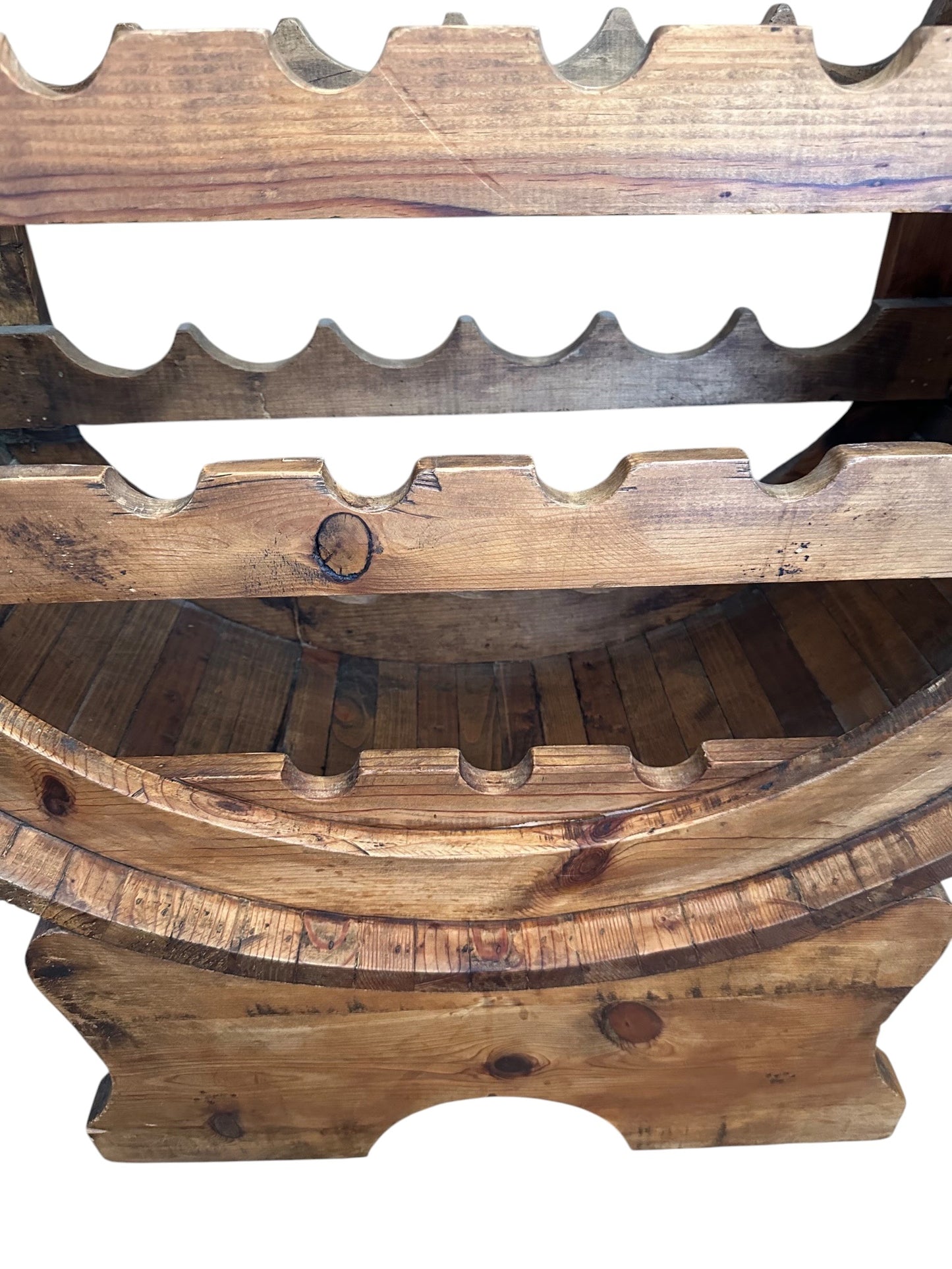 Freestanding, barrel-style wooden wine rack and glass holder