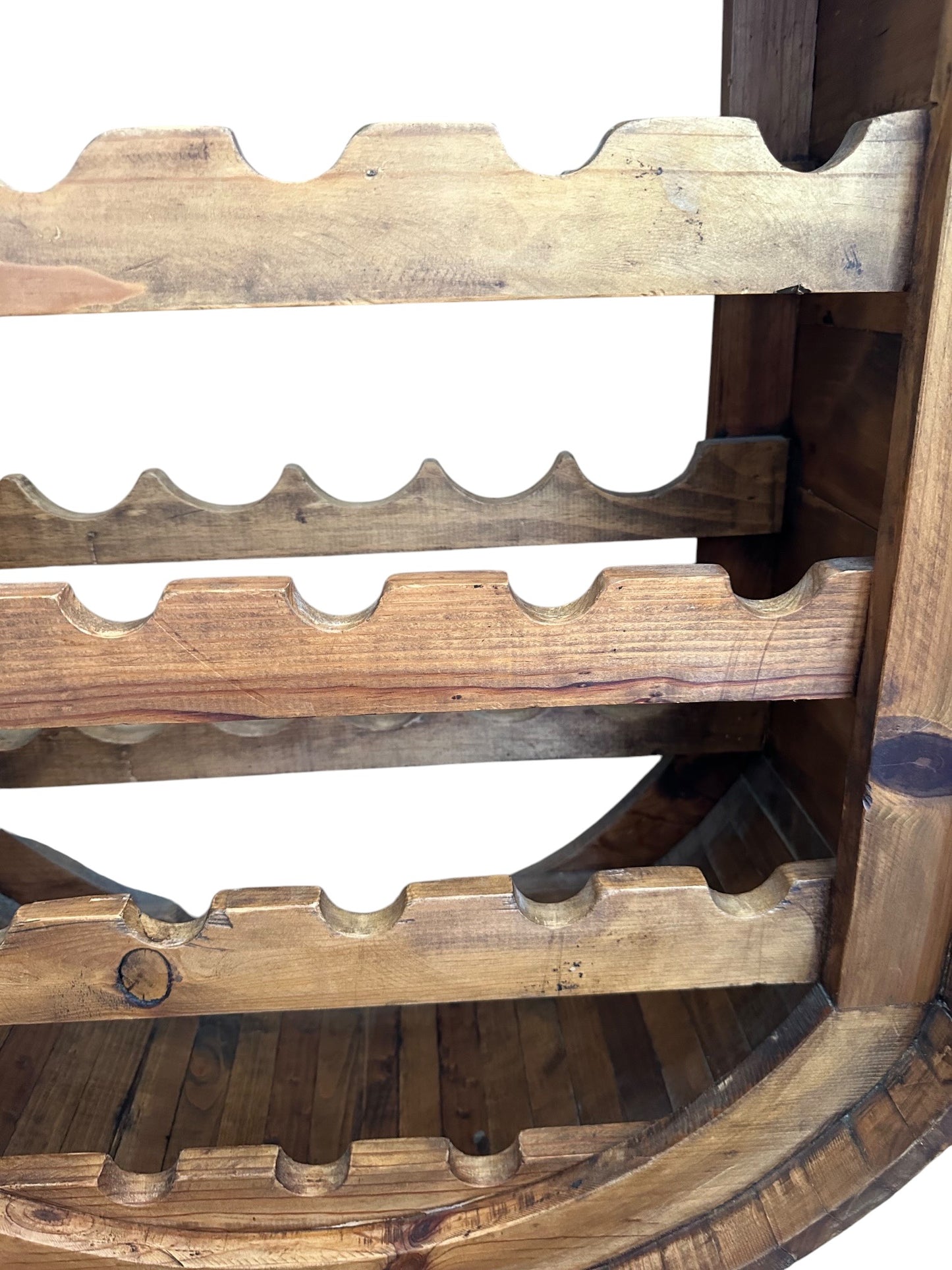 Freestanding, barrel-style wooden wine rack and glass holder