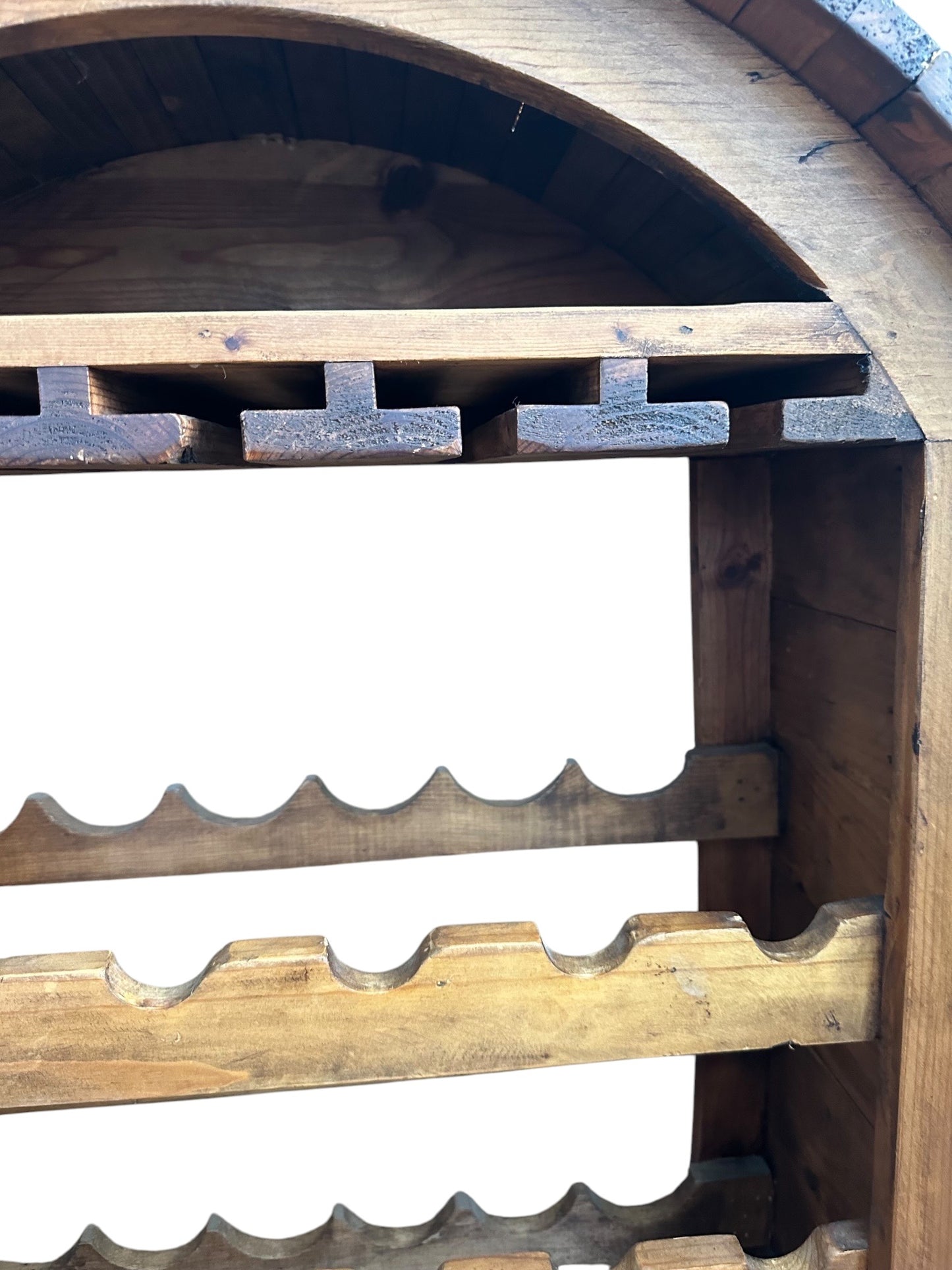 Freestanding, barrel-style wooden wine rack and glass holder