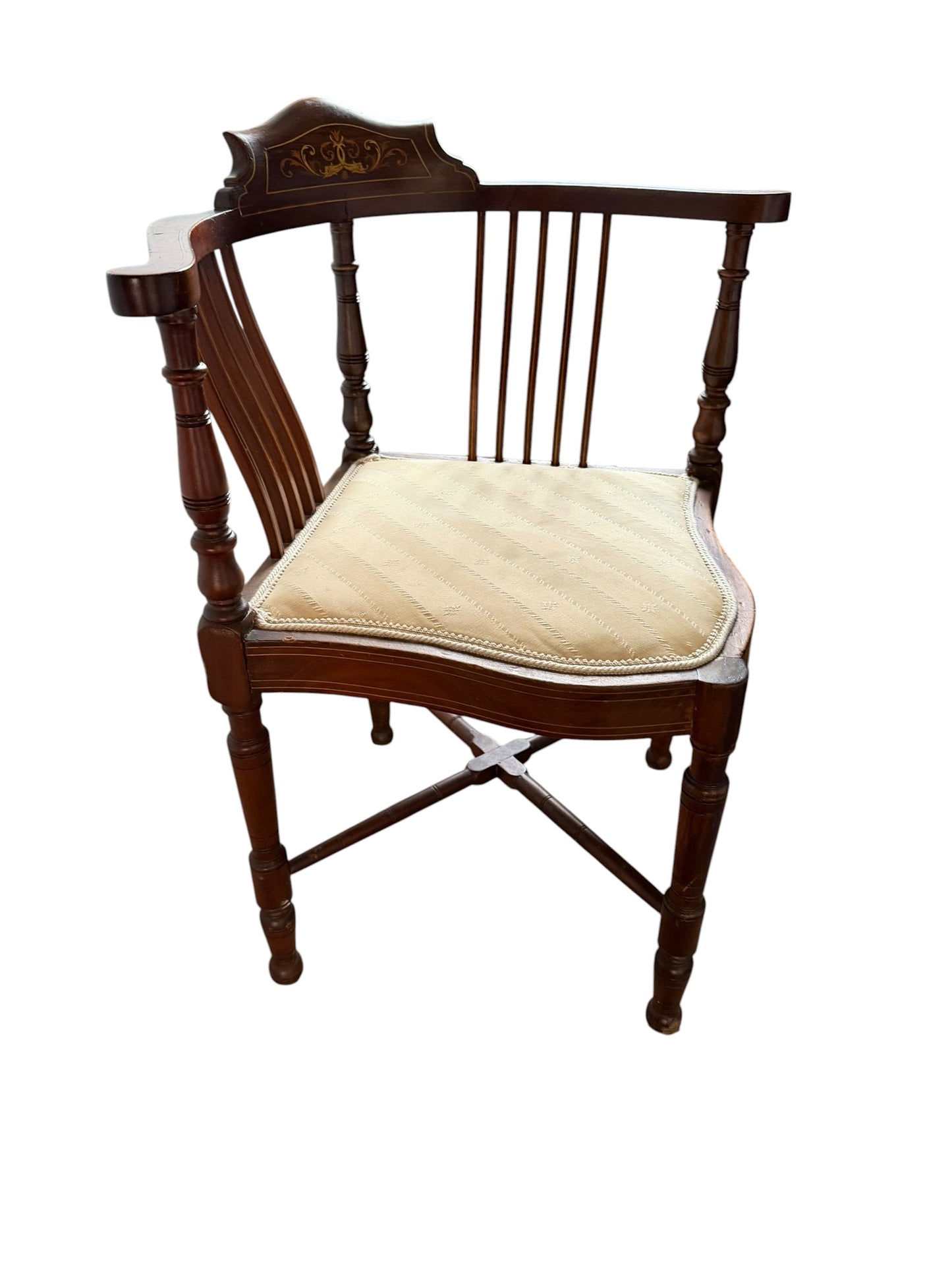 antique Edwardian inlaid mahogany corner chair, dating from the early 19th century (circa 1900–1910).