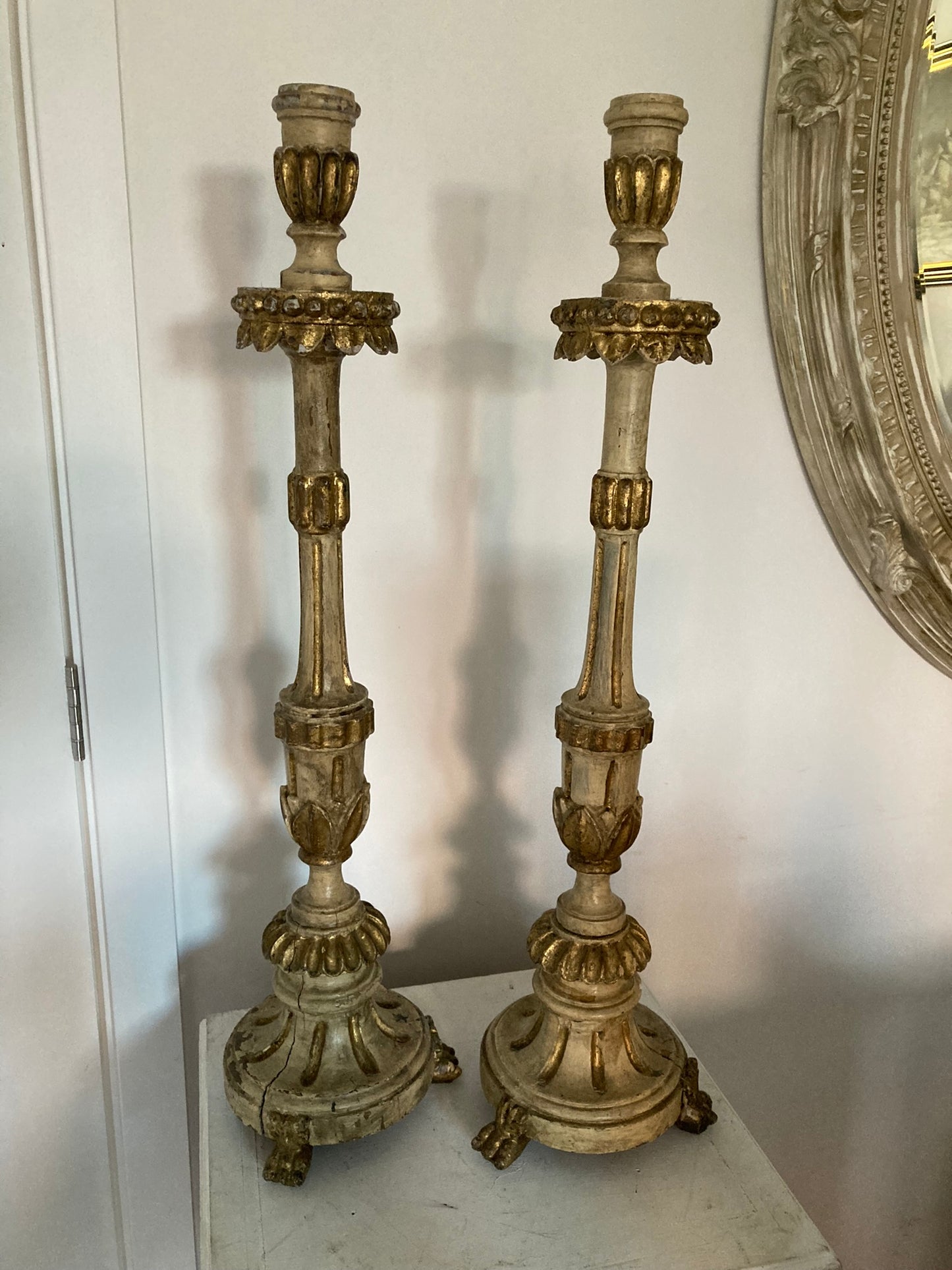 A Pair of 18th Century Italian painted and Gilt Wooden Candlesticks, Candle Holders CIRC 1750'S