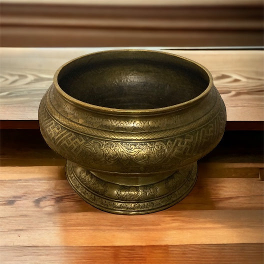 Antique ornate Asian chased pedestal brass bowl