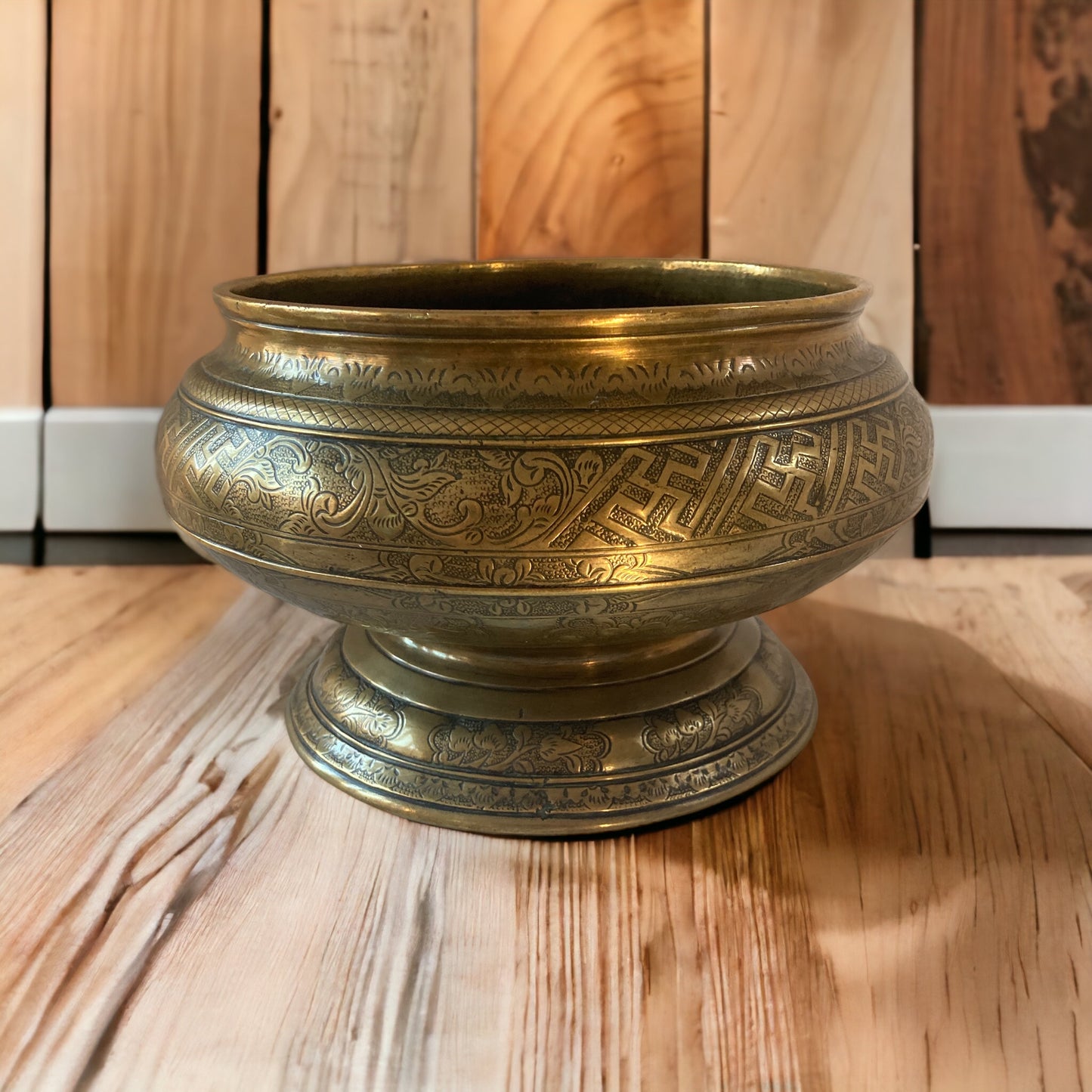 Antique ornate Asian chased pedestal brass bowl