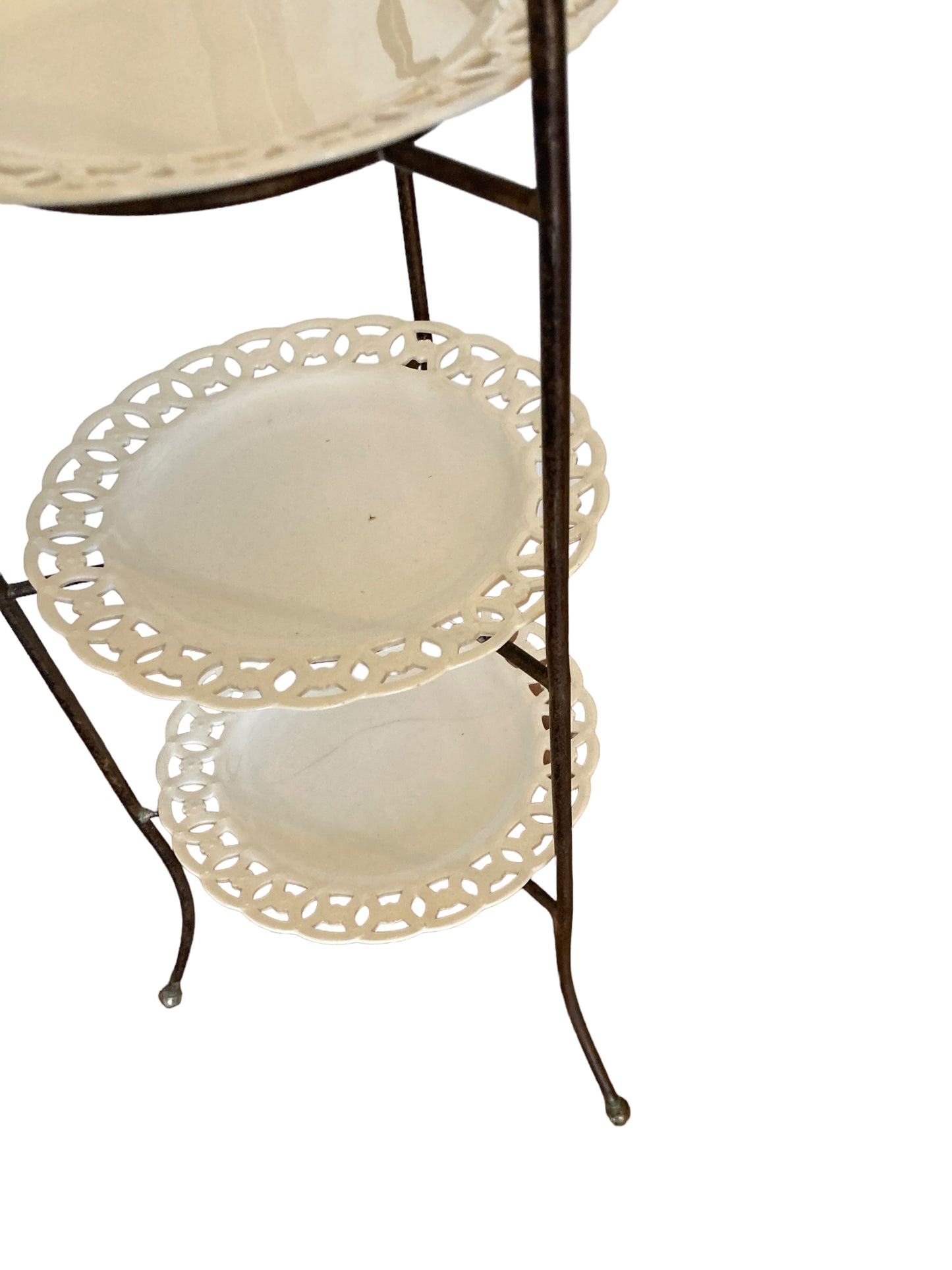 French Wrought Iron three tier cake stand with ornate porcelain plates