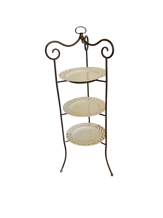 French Wrought Iron three tier cake stand with ornate porcelain plates