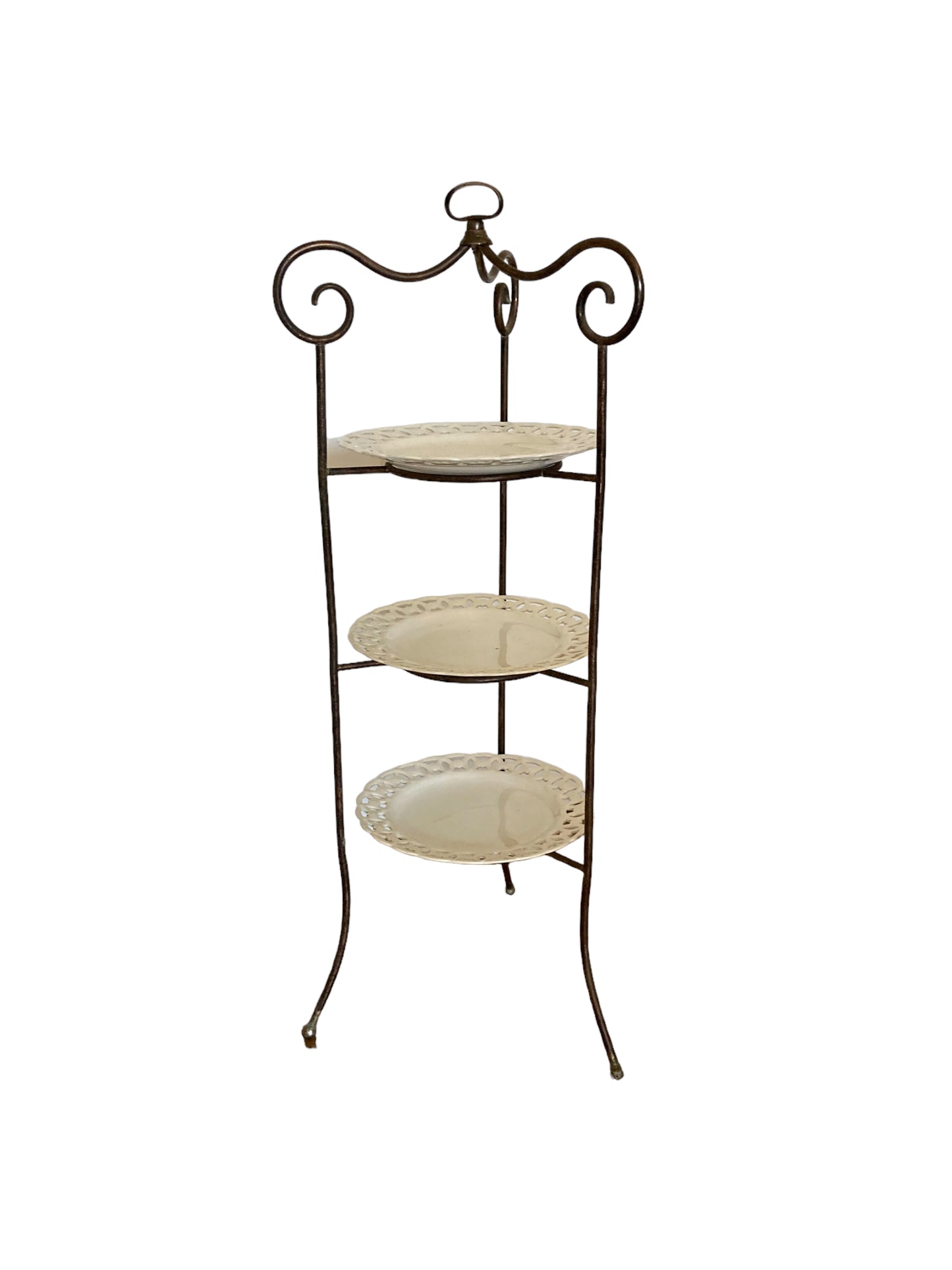 French Wrought Iron three tier cake stand with ornate porcelain plates