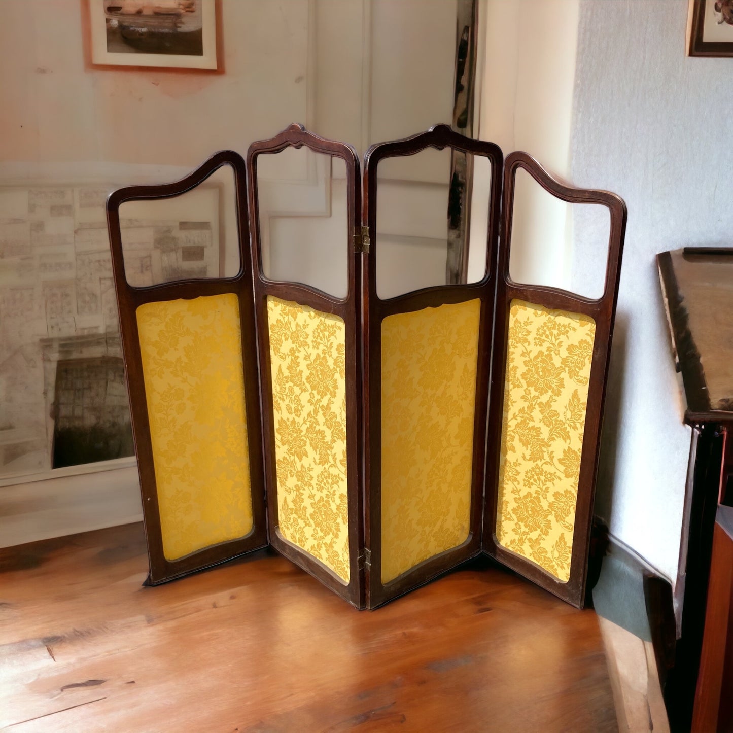 Art Nouveau four silk panel room divider screen