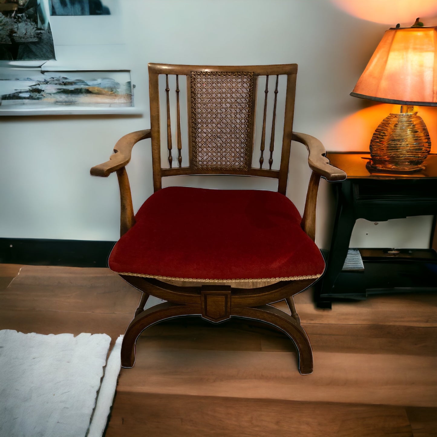 A rare Antique Beech Wood X Framed Cane back Arm chair