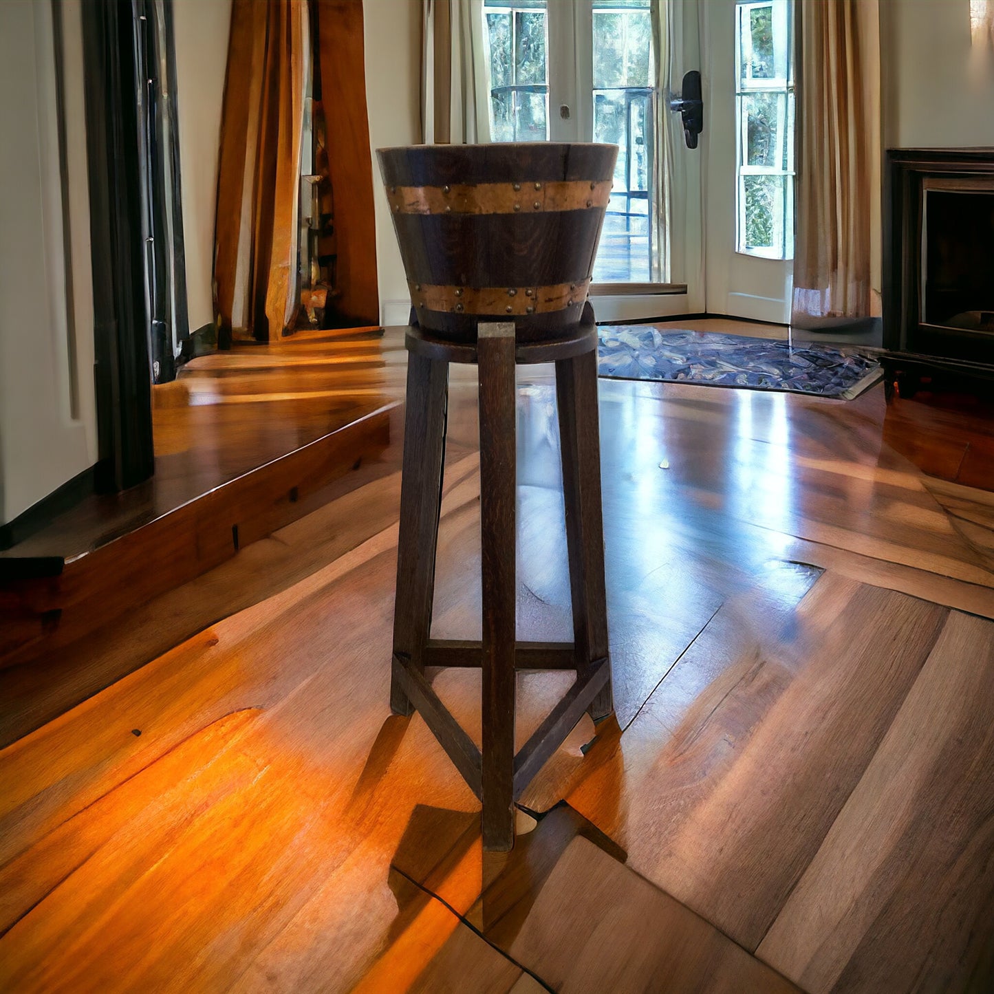 Exquisite brass bound oak jardinieres / plant stand