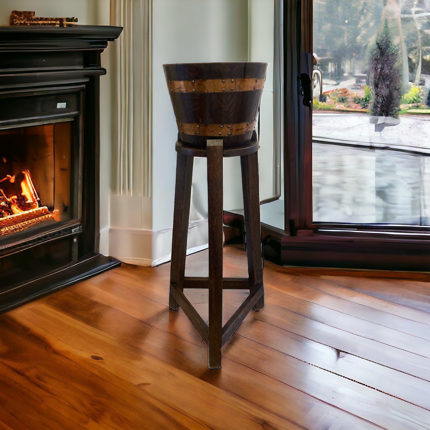 Exquisite brass bound oak jardinieres / plant stand