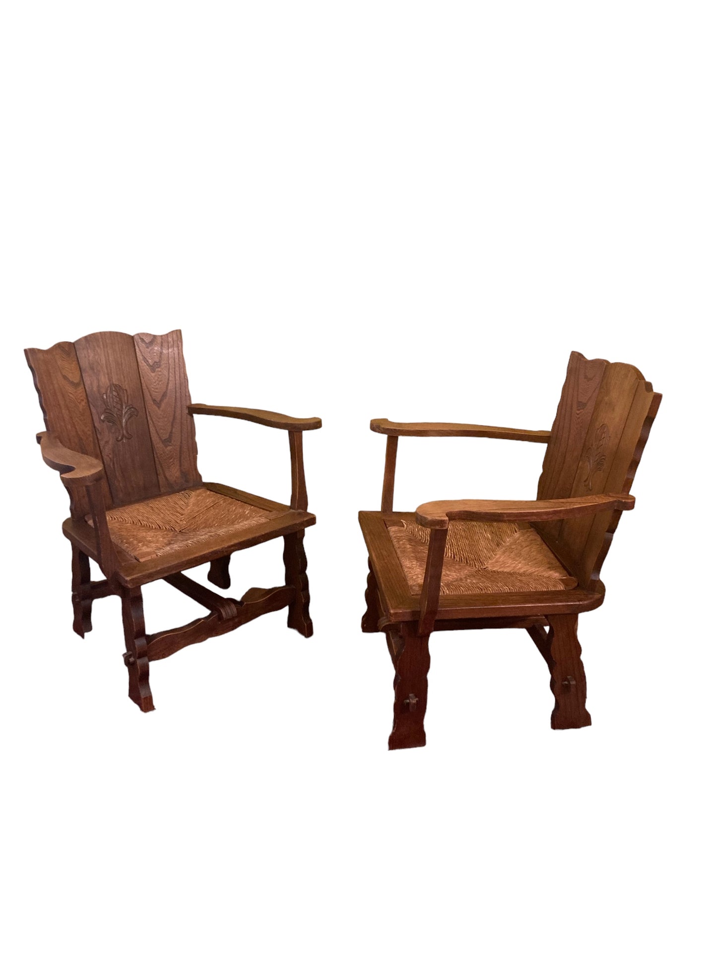 Set of Two Brutalist Wabi Sabi Oak Rush Lounge Chairs