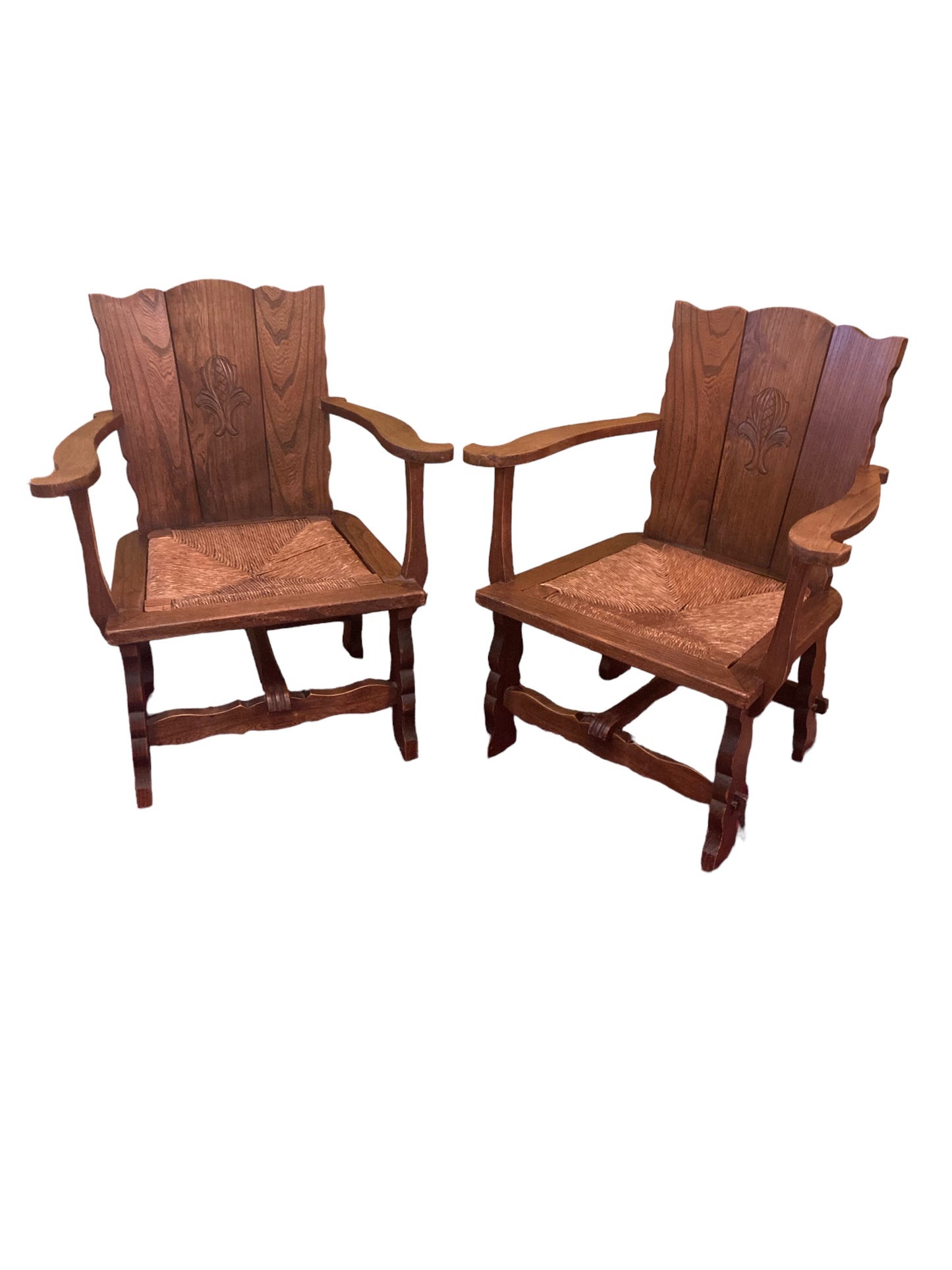 Set of Two Brutalist Wabi Sabi Oak Rush Lounge Chairs