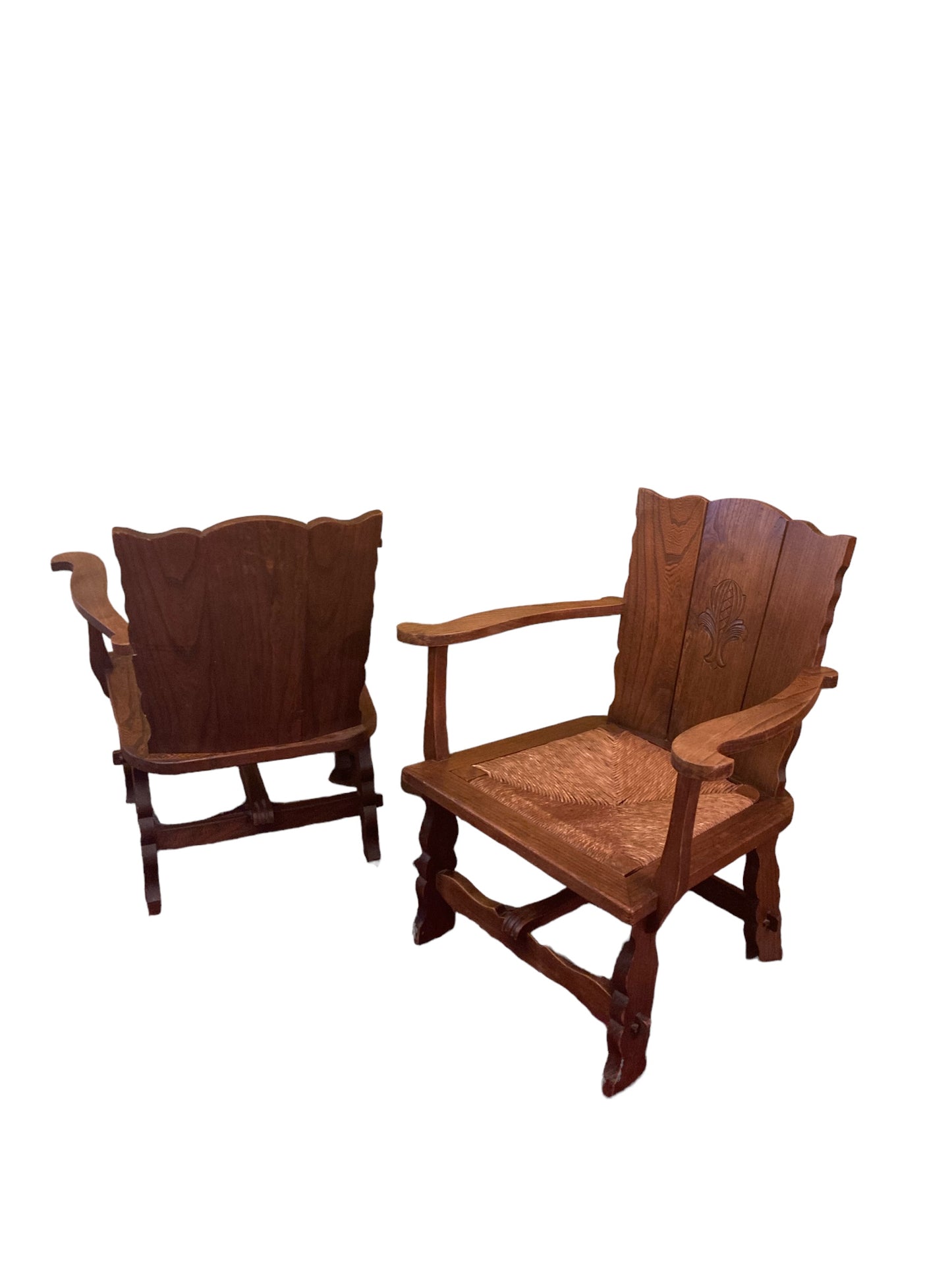 Set of Two Brutalist Wabi Sabi Oak Rush Lounge Chairs