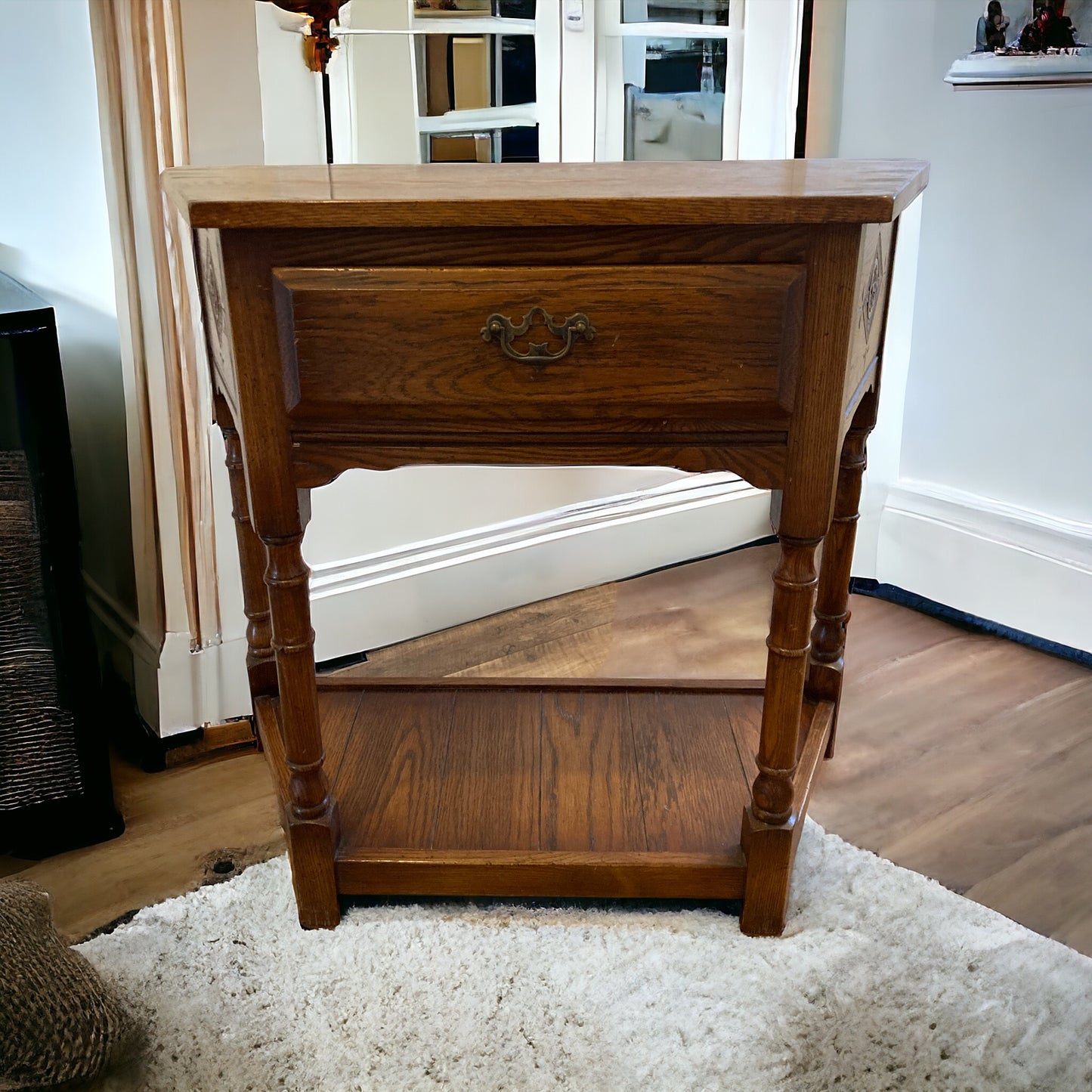 Oak Single Drawer Side Hall Lamp Table. mid century