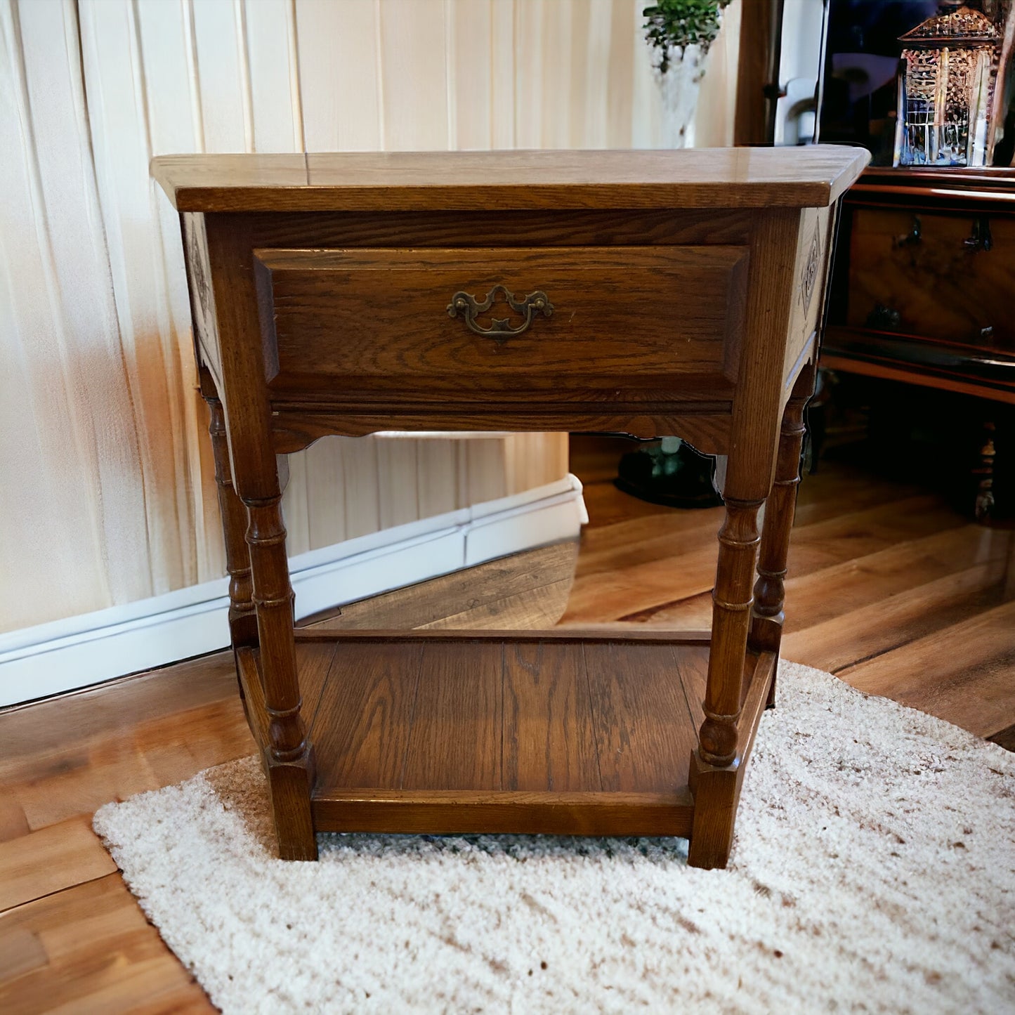 Oak Single Drawer Side Hall Lamp Table. mid century