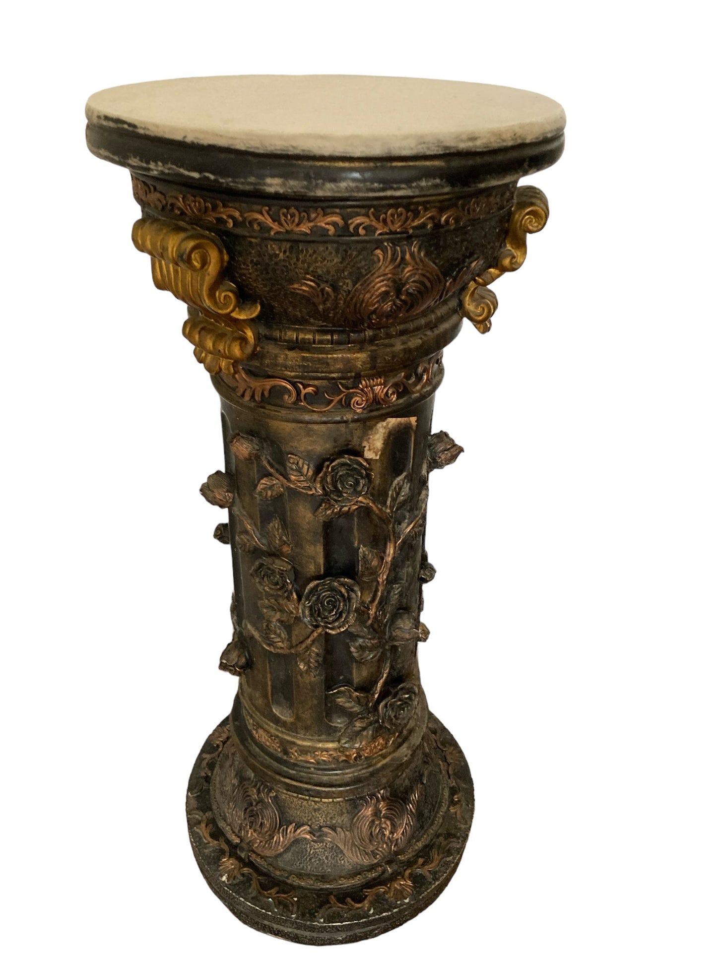 Pair of highly carved Ebonised Pedestals, Rose vine detail, Gilt deco, White marble top