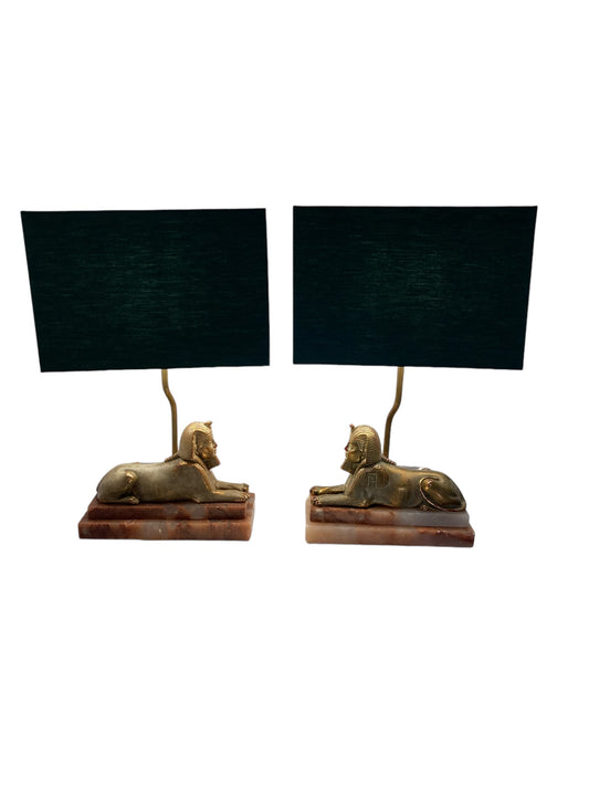 A Pair of Art Deco Egytian Sphinx Table Lamps on a Marble Base Dark Green Shades