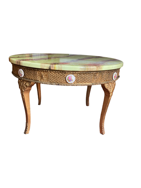 Vintage Gilt Wood French Coffee or SIde Table with Green Onyx Style Top