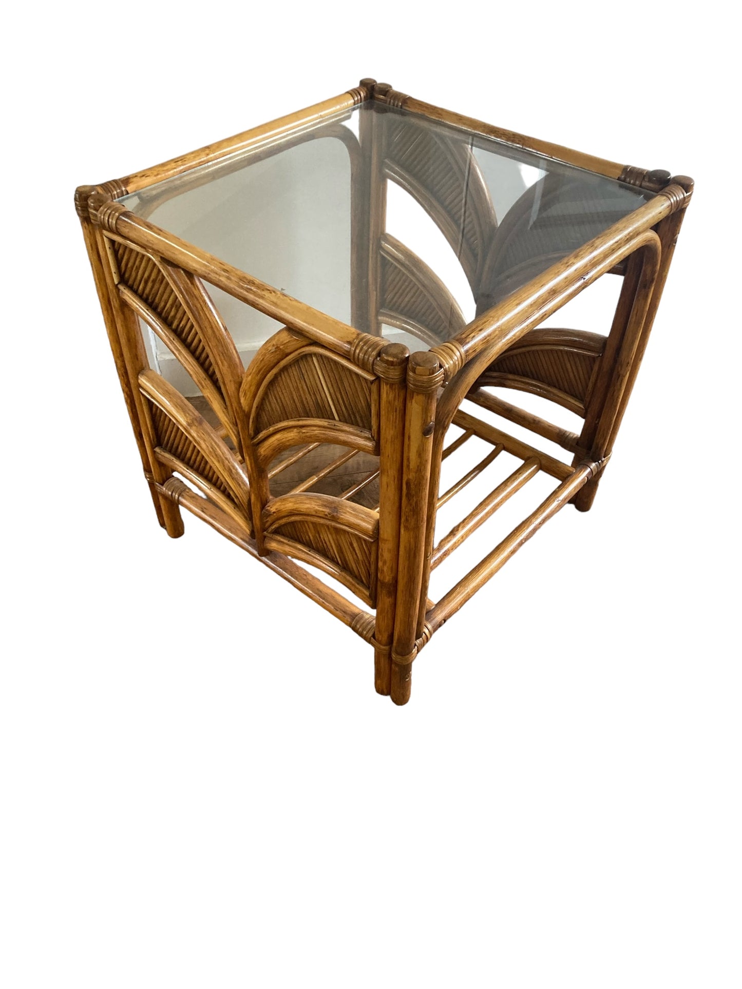 Boho Palm tree design Rattan Side or coffee table in the style of Vivai Del Sud