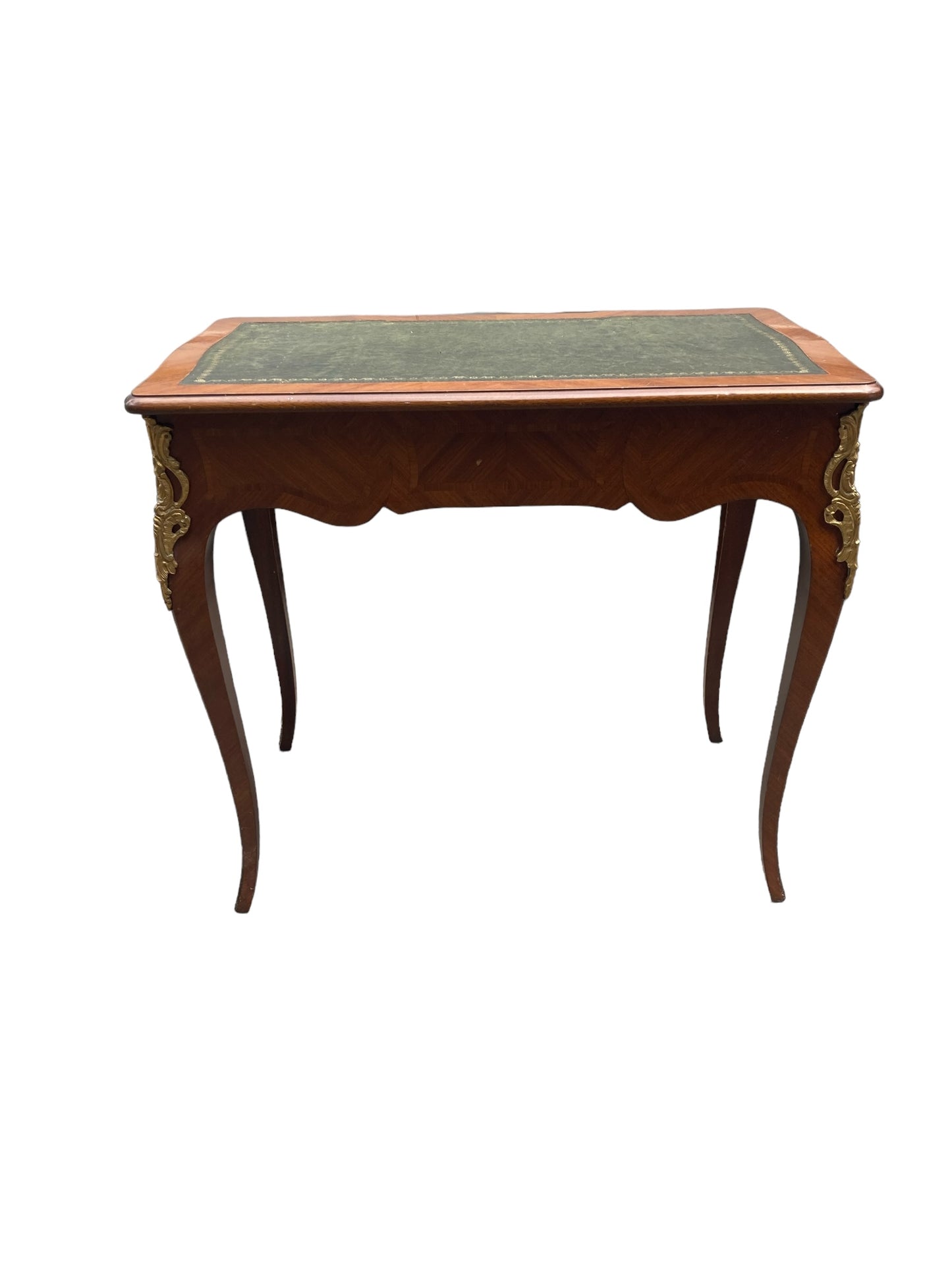 French Louis XV Style writing Desk green leather covered top ornate brass moldings single drawer.