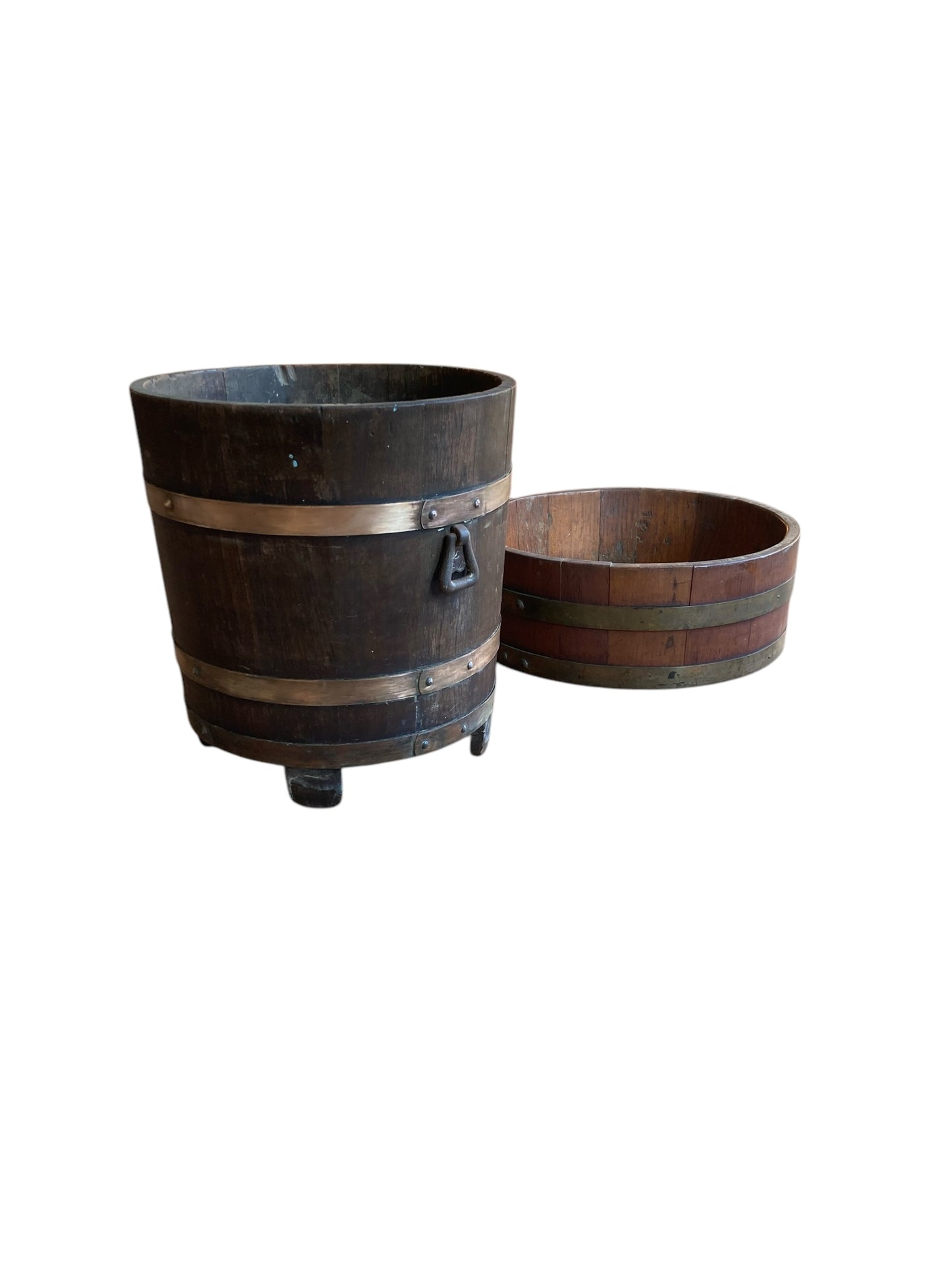Two Plant buckets Antique Oak and Brass Bucket by R A Lister Ltd & Edwardian Chestnut wood Plant Trough Barrel.