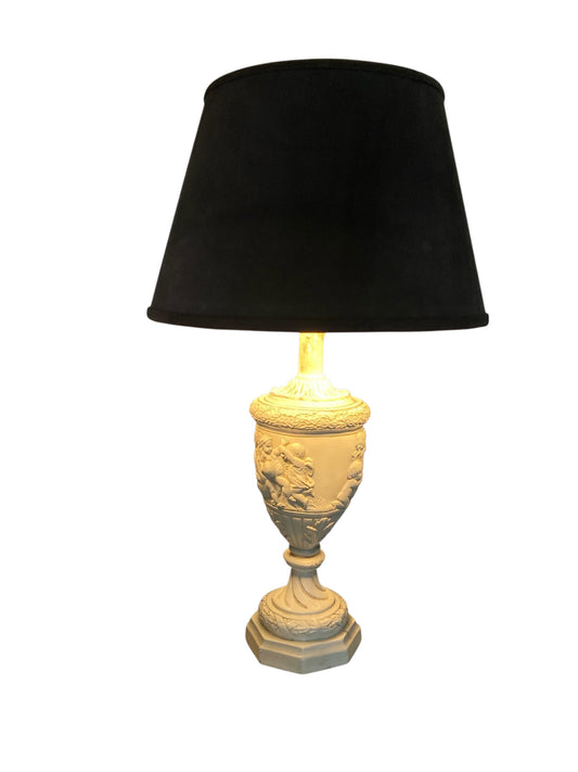 Plaster moulded and decorated Cherub Lamp Circa 1930's Grey Velvet shade