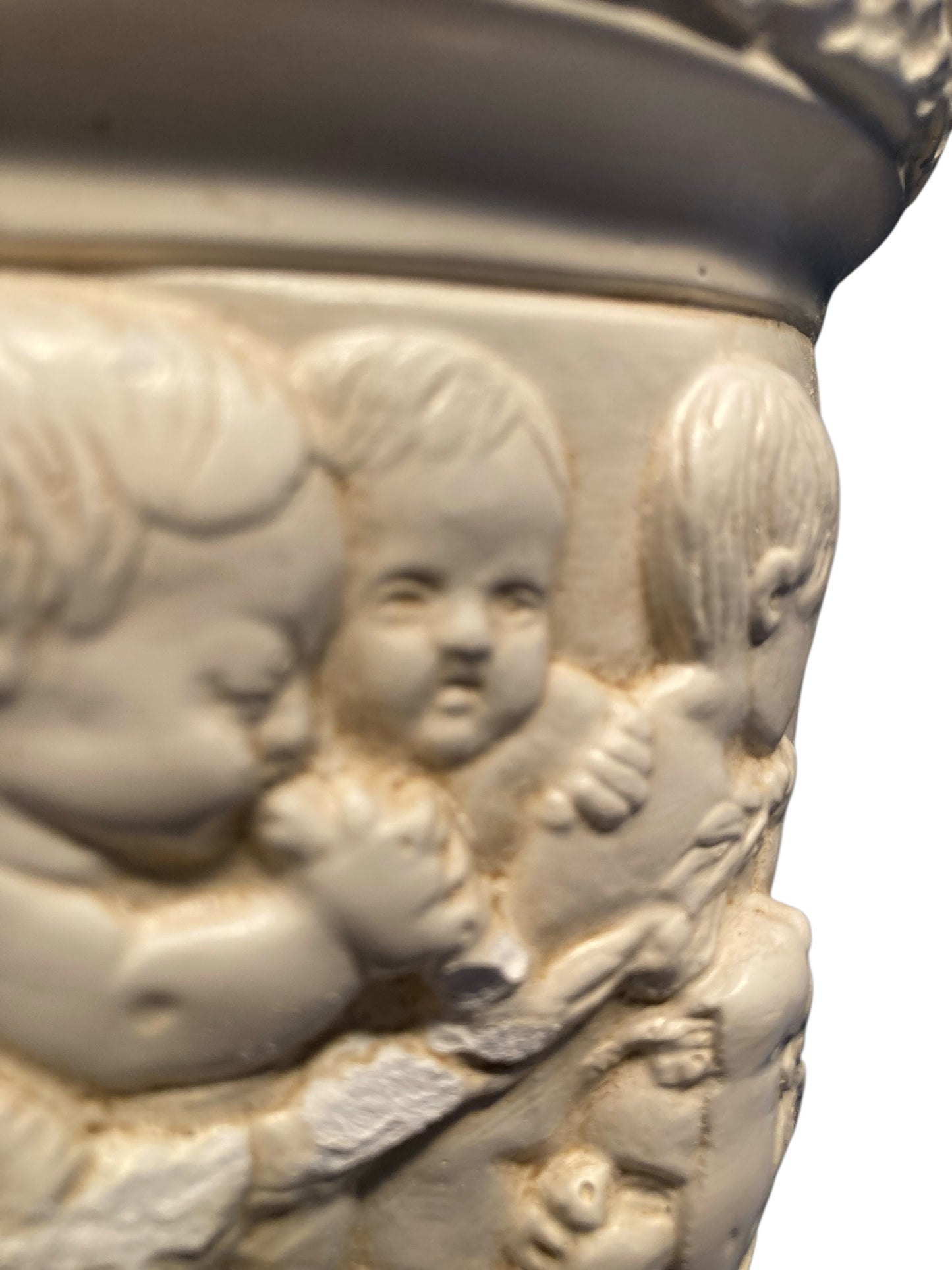 Plaster moulded and decorated Cherub Lamp Circa 1930's Grey Velvet shade