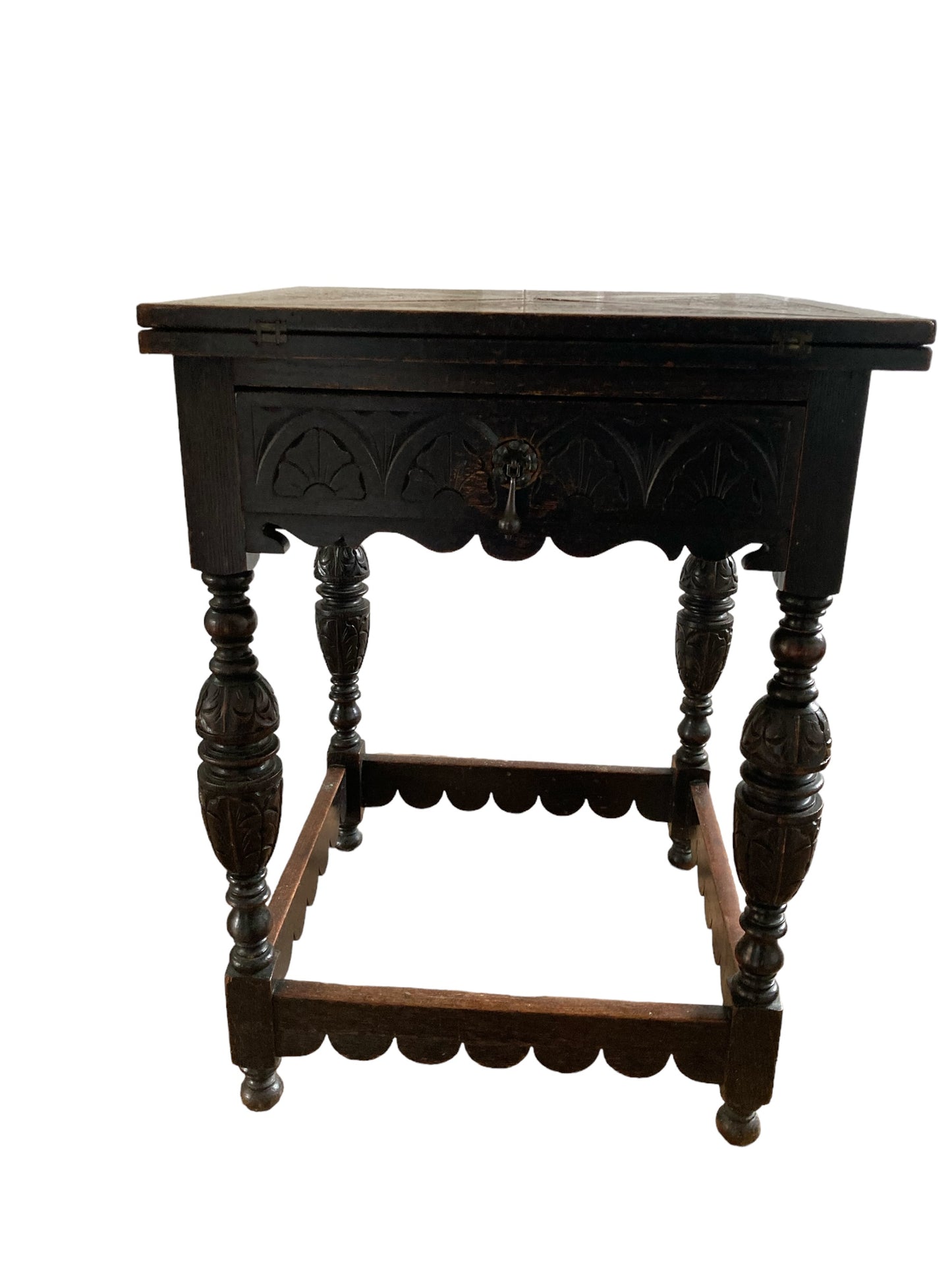 Antique Carved Oak Envelope card Table with Single Drawer and gaming wells.