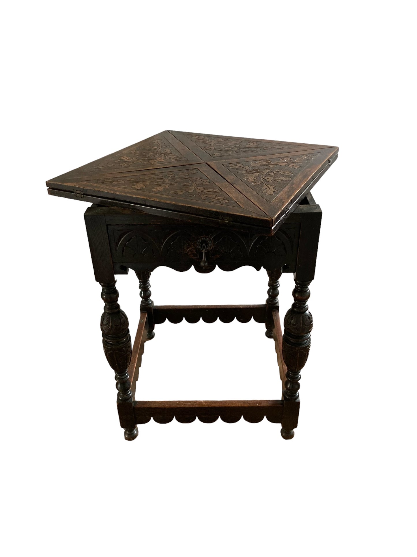 Antique Carved Oak Envelope card Table with Single Drawer and gaming wells.