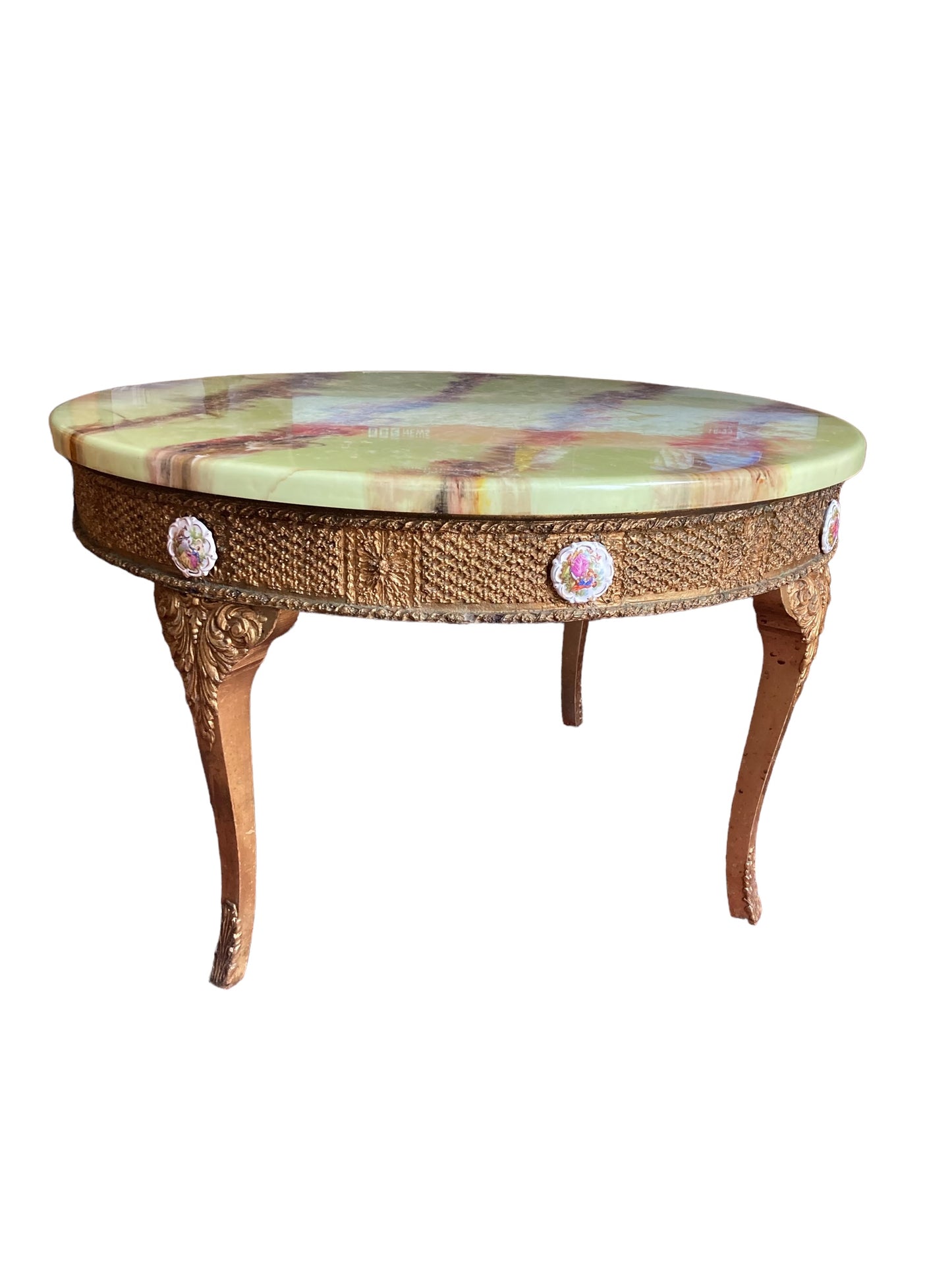 Vintage Gilt Wood French Coffee or SIde Table with Green Onyx Style Top