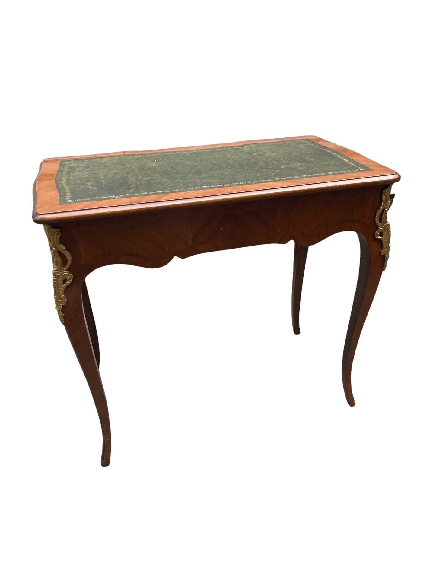 French Louis XV Style writing Desk green leather covered top ornate brass moldings single drawer.