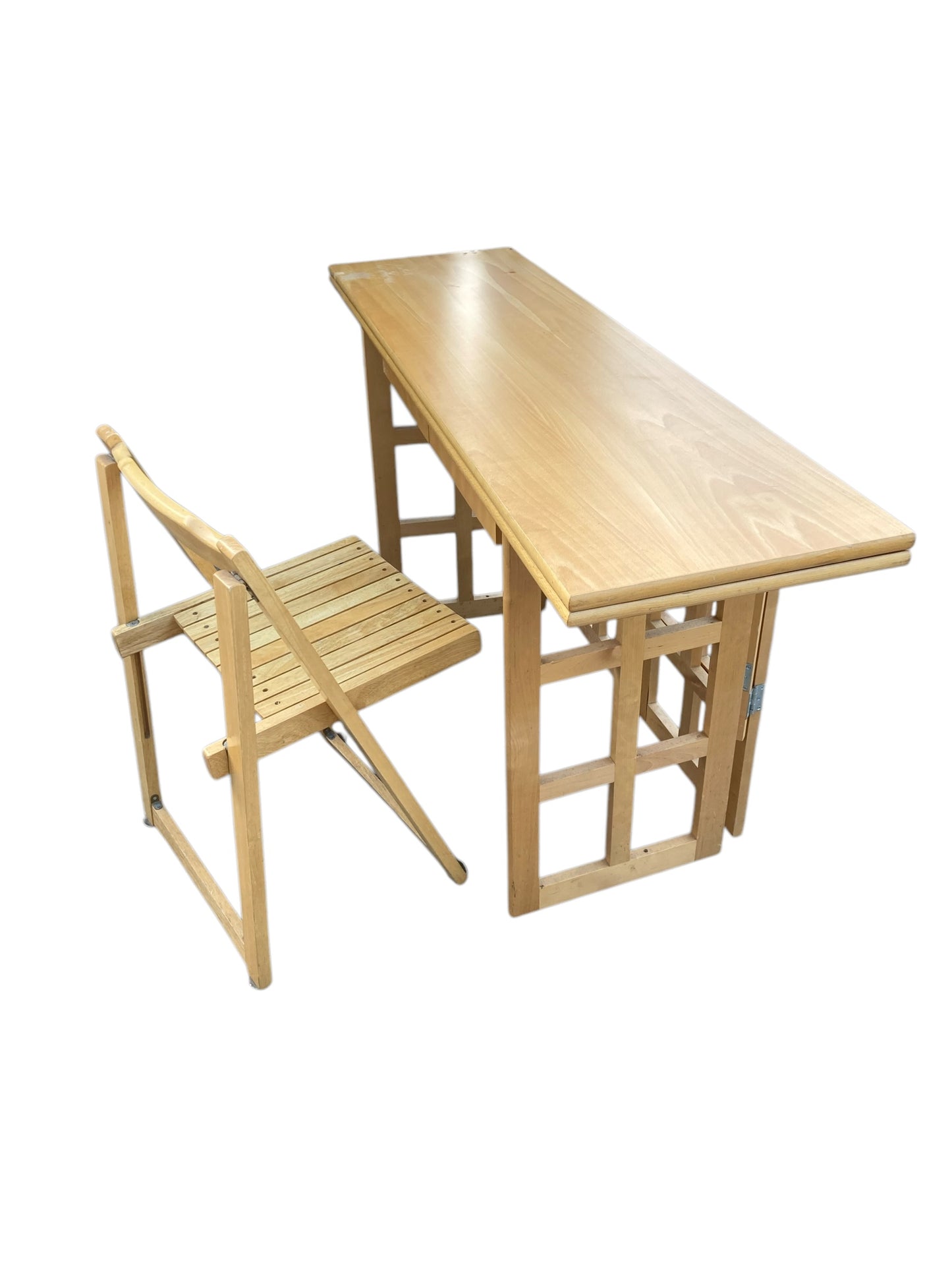 A Contemporary Folding Beechwood Desk with Two Drawers and two Folding Chairs