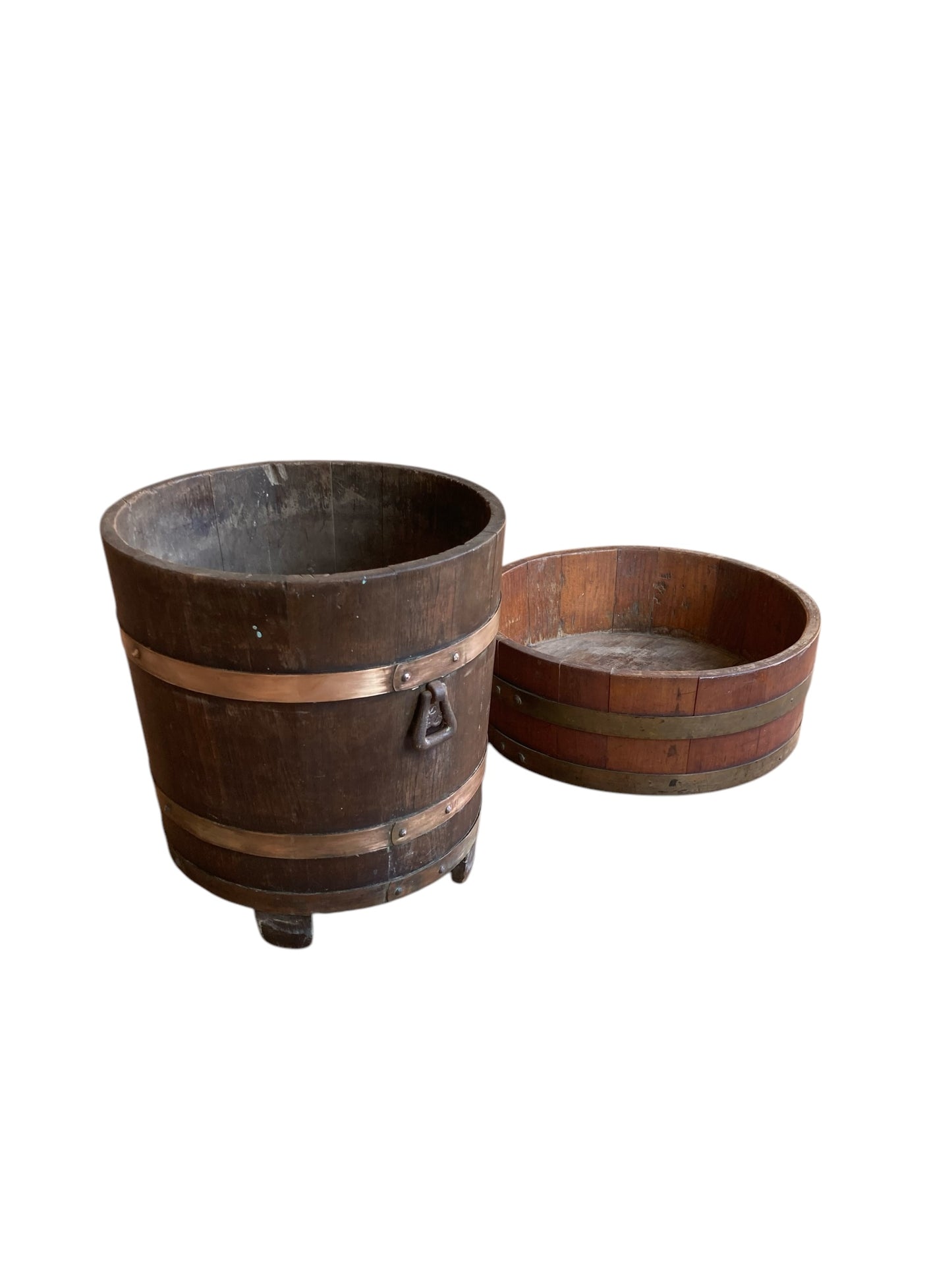Two Plant buckets Antique Oak and Brass Bucket by R A Lister Ltd & Edwardian Chestnut wood Plant Trough Barrel.