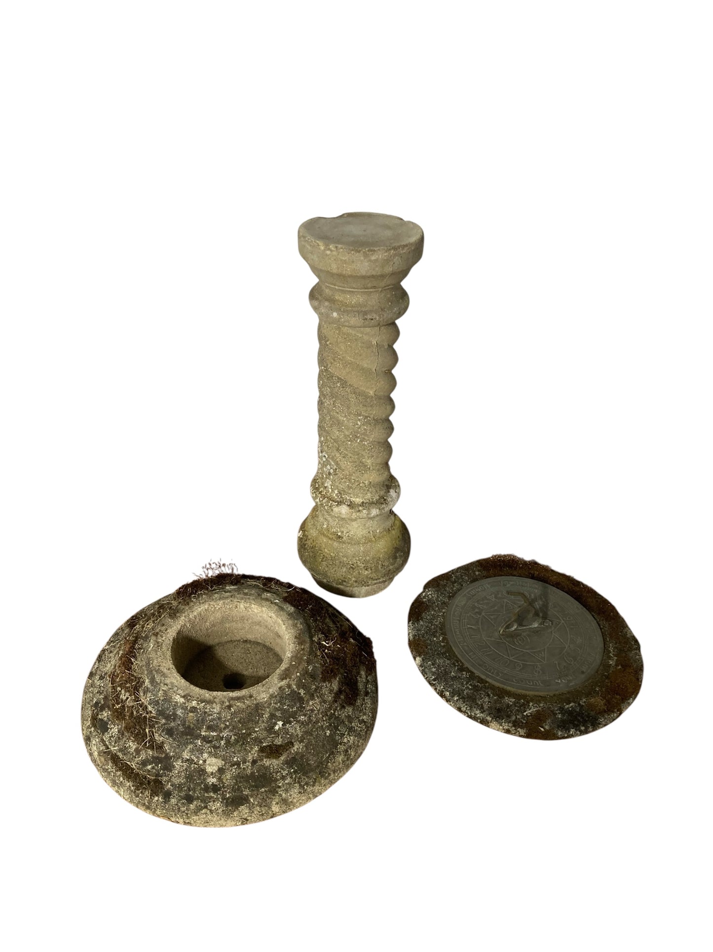 Stone Sundial with Barley Twist Stlyle Column with Natural Patina Inscribed Wording on dial