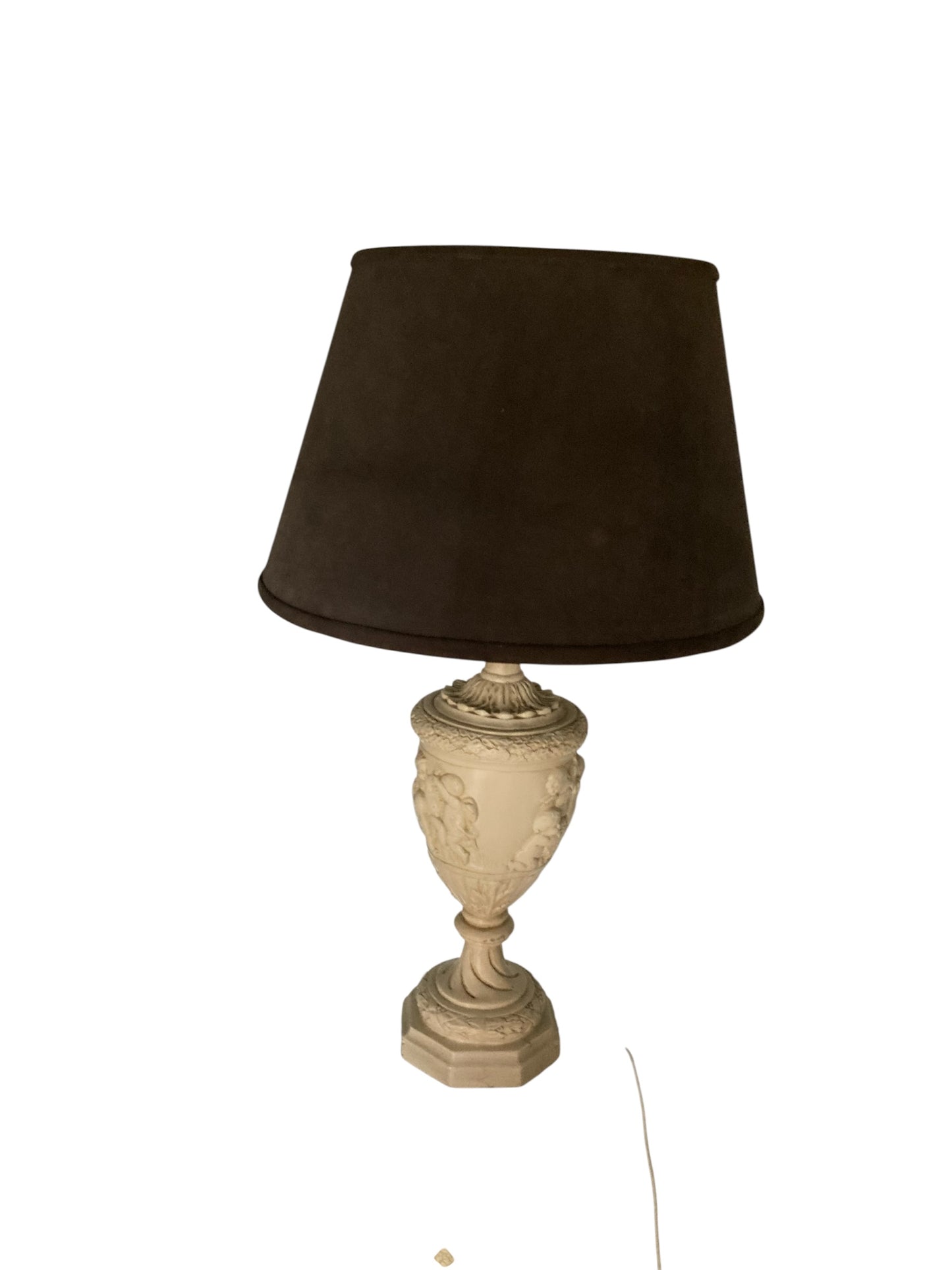 Plaster moulded and decorated Cherub Lamp Circa 1930's Grey Velvet shade