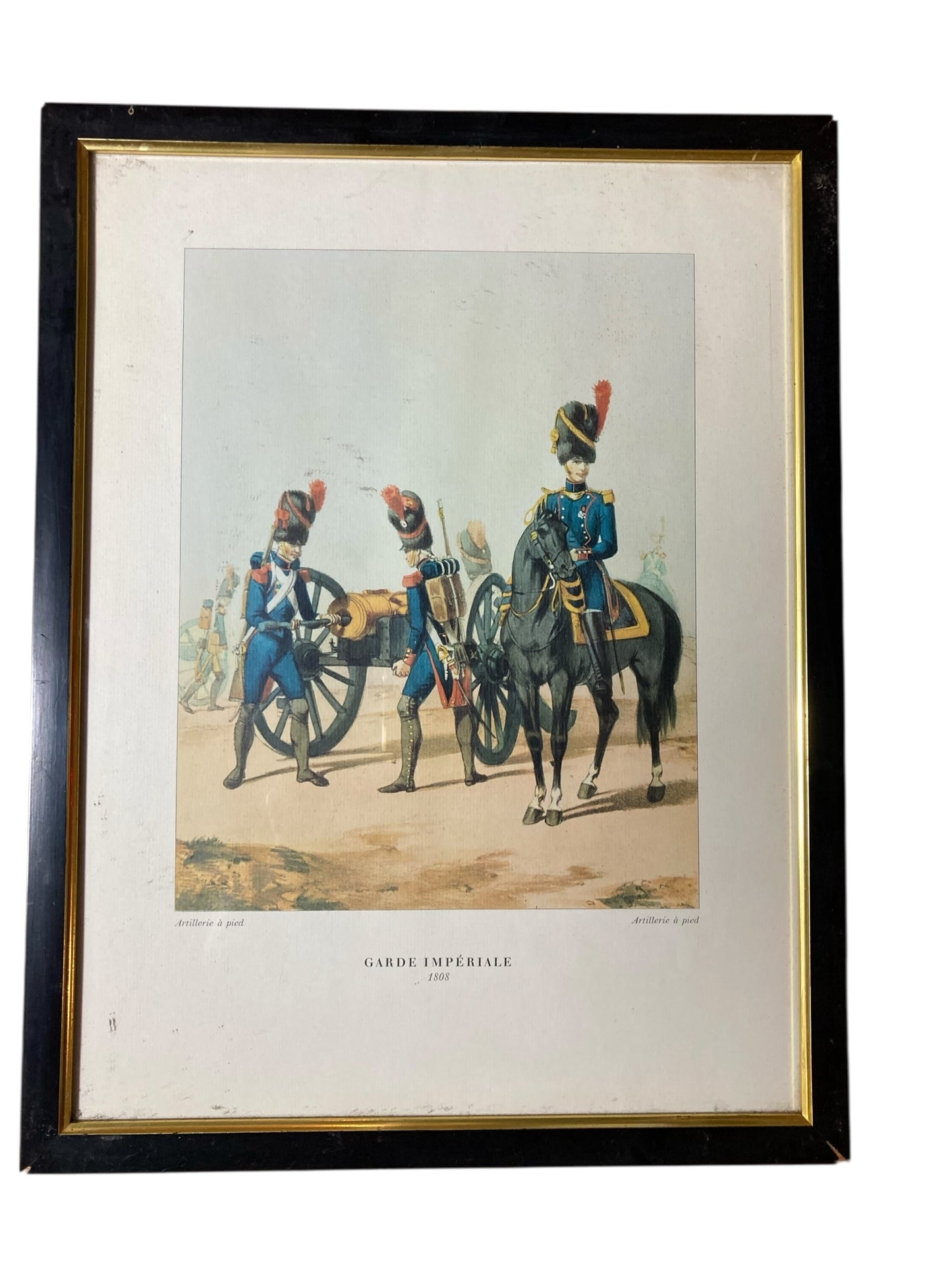 Framed print is a 20th-century reproduction of a 19th-century military illustration titled "Garde Impériale, Artillerie à pied"